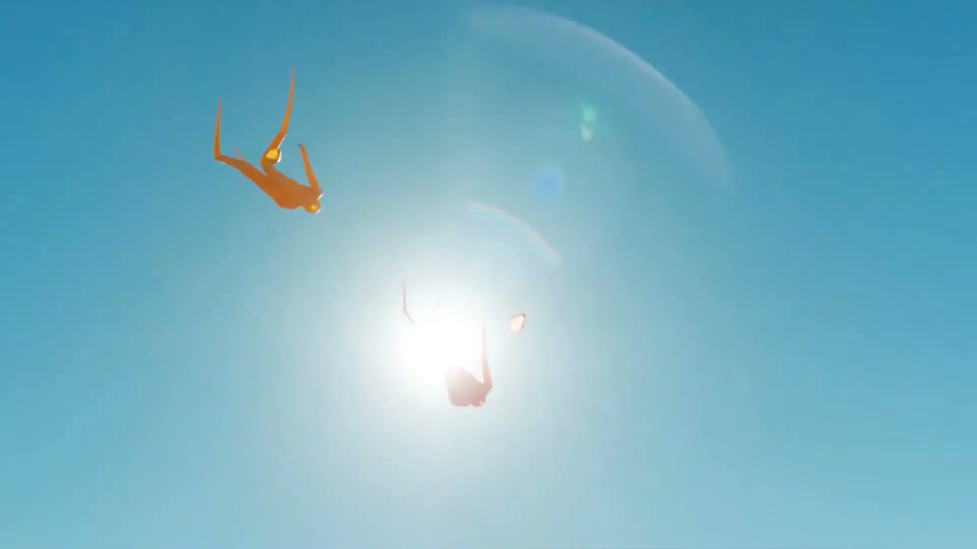 Two stylized, abstract figures, one orange and one red, fall through a bright blue sky with a strong sun flare.