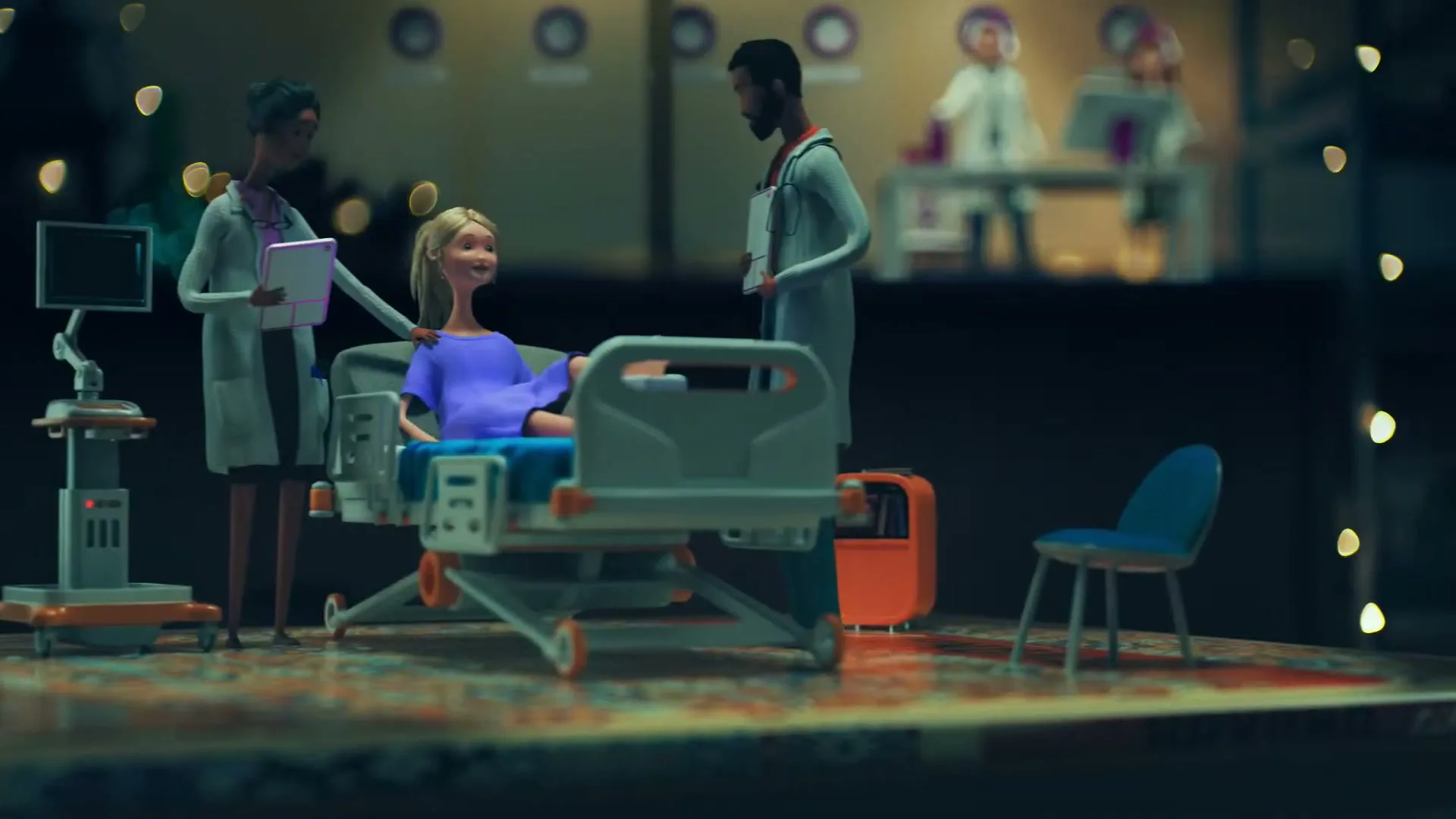 A blonde female patient lies in a hospital bed, attended by two doctors, in a miniature hospital room with clocks on the wall.