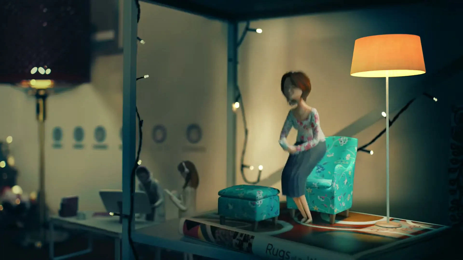 A stop-motion animated woman in a floral top and skirt stands up from a patterned armchair in a miniature room with string lights and a floor lamp.