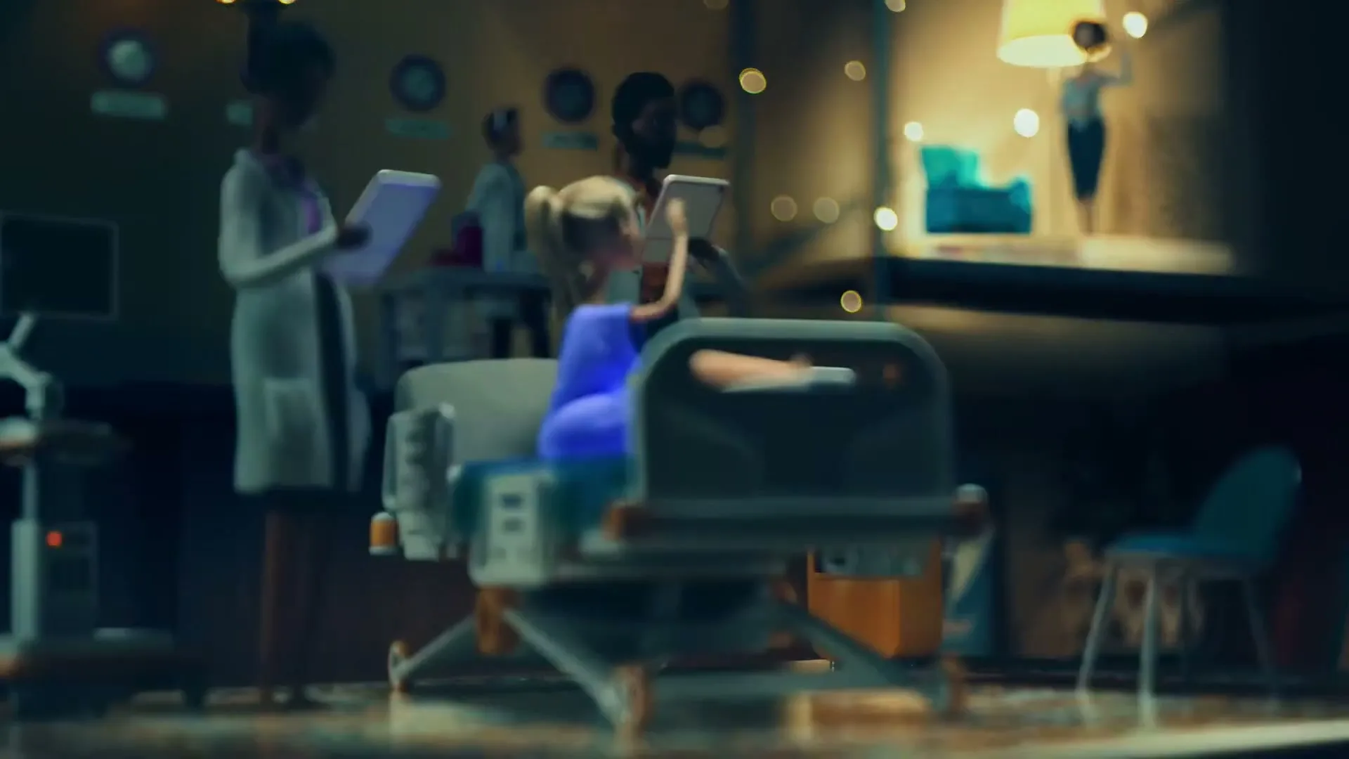 A blonde female doll in a hospital bed uses a tablet, while a female doctor doll stands beside her in a hospital room.