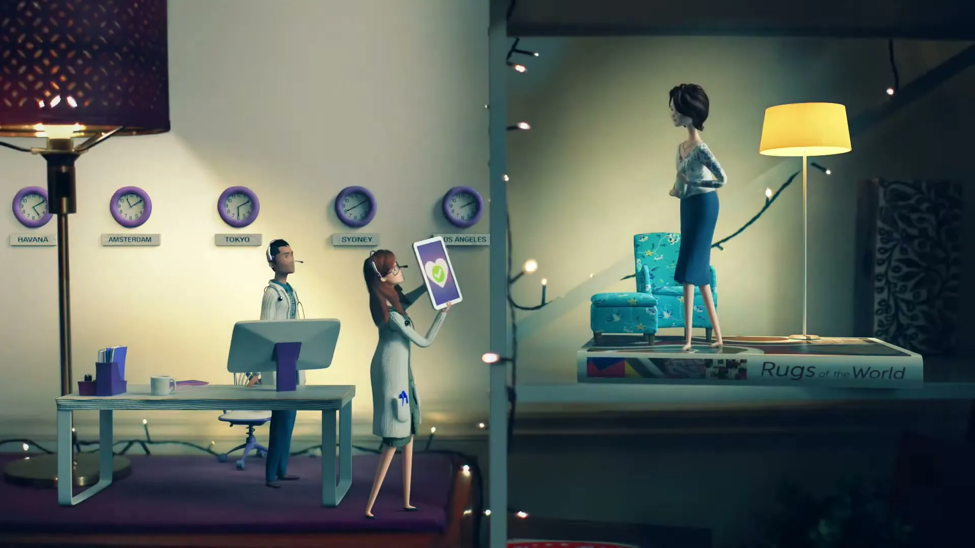 Two animated female characters and one male character are in an office setting, while another animated female character stands on a book in a living room setting.
