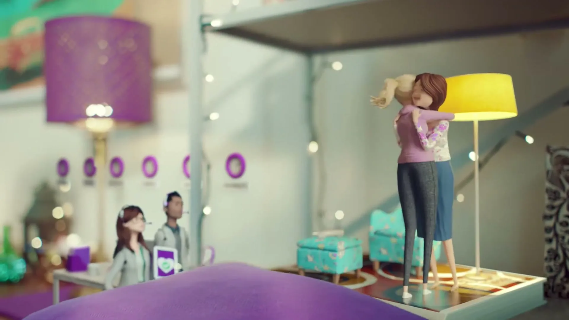 Two female claymation figures, one with blonde hair and one with brown hair, hug each other in a miniature living room set.