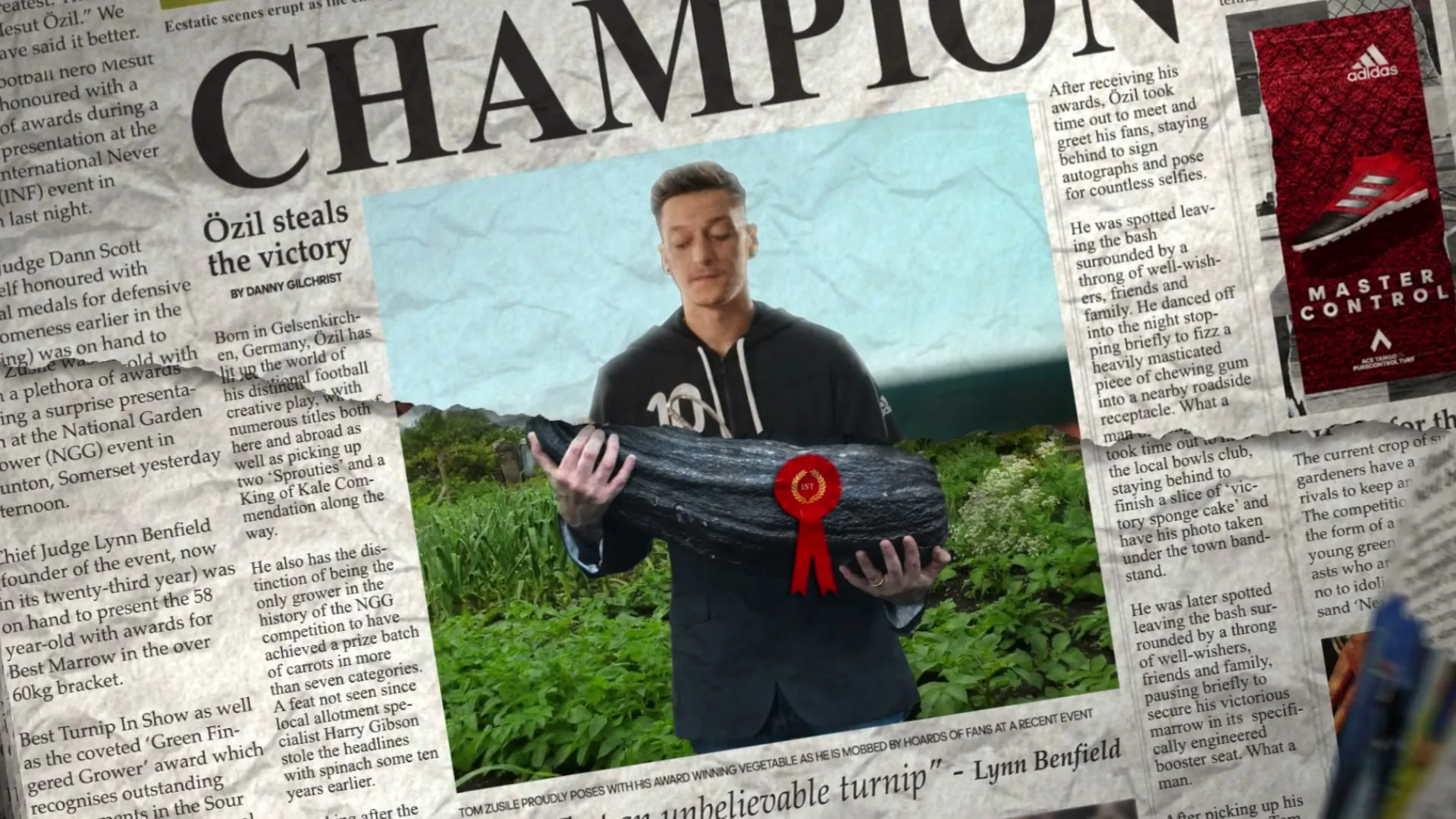 A young man in a black hoodie holds a giant turnip with a red ribbon, superimposed on a newspaper article about a "champion" footballer.