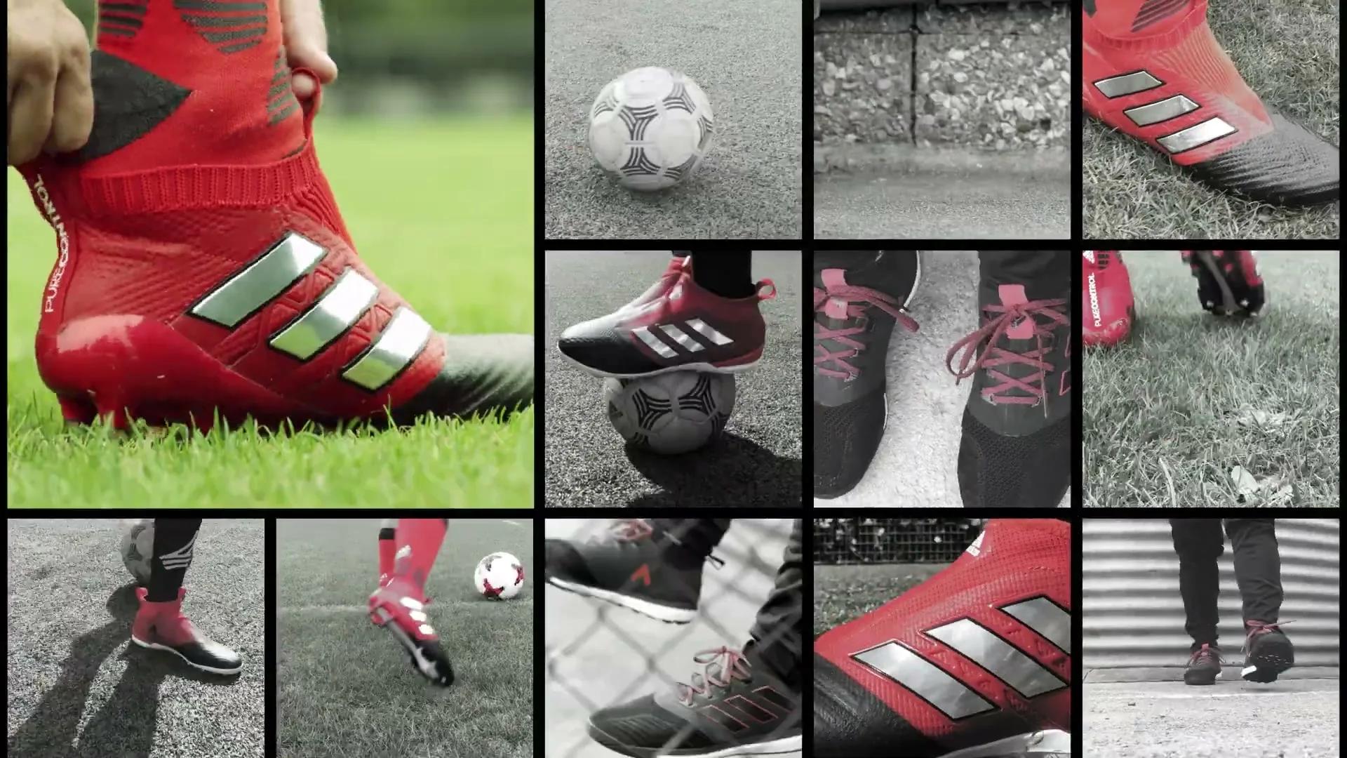 A collage of various close-up shots of Adidas soccer shoes and sneakers in red and black, some with soccer balls, on different surfaces.