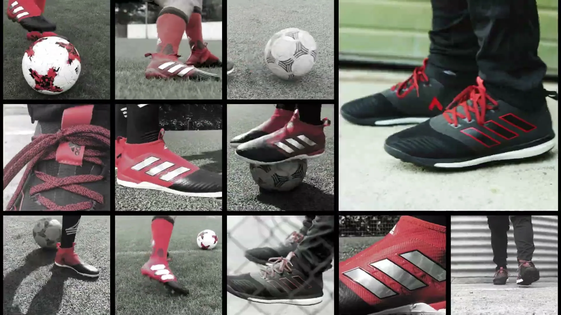 A dynamic split-screen montage showcases various close-up shots of soccer players' feet in Adidas shoes, dribbling and kicking soccer balls on different surfaces.