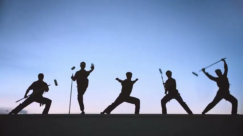 Five male silhouettes perform martial arts with paint rollers against a blue sky at dusk.