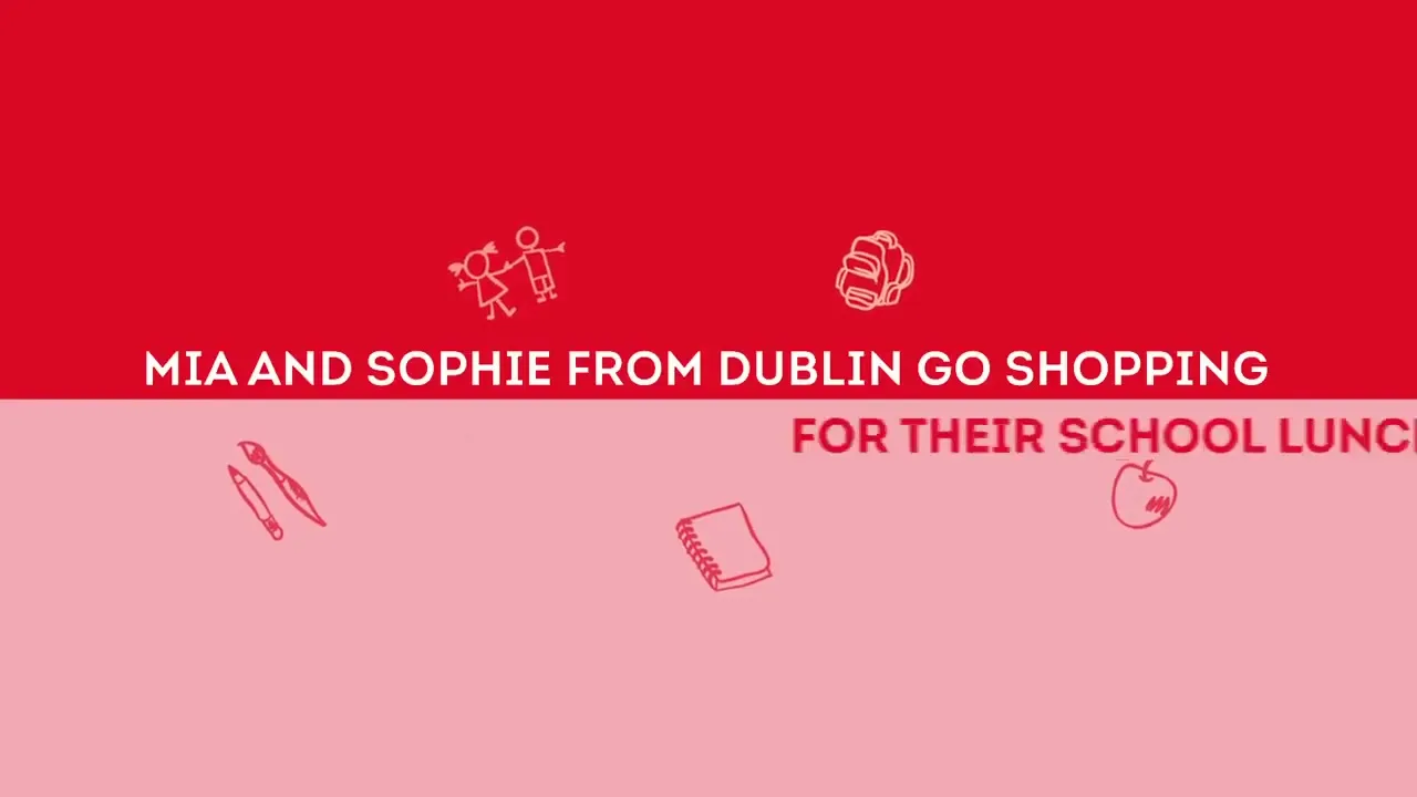Two young girls, Mia and Sophie, are seen from a low angle pushing a shopping trolley through a bright supermarket aisle, with text overlaying the scene.