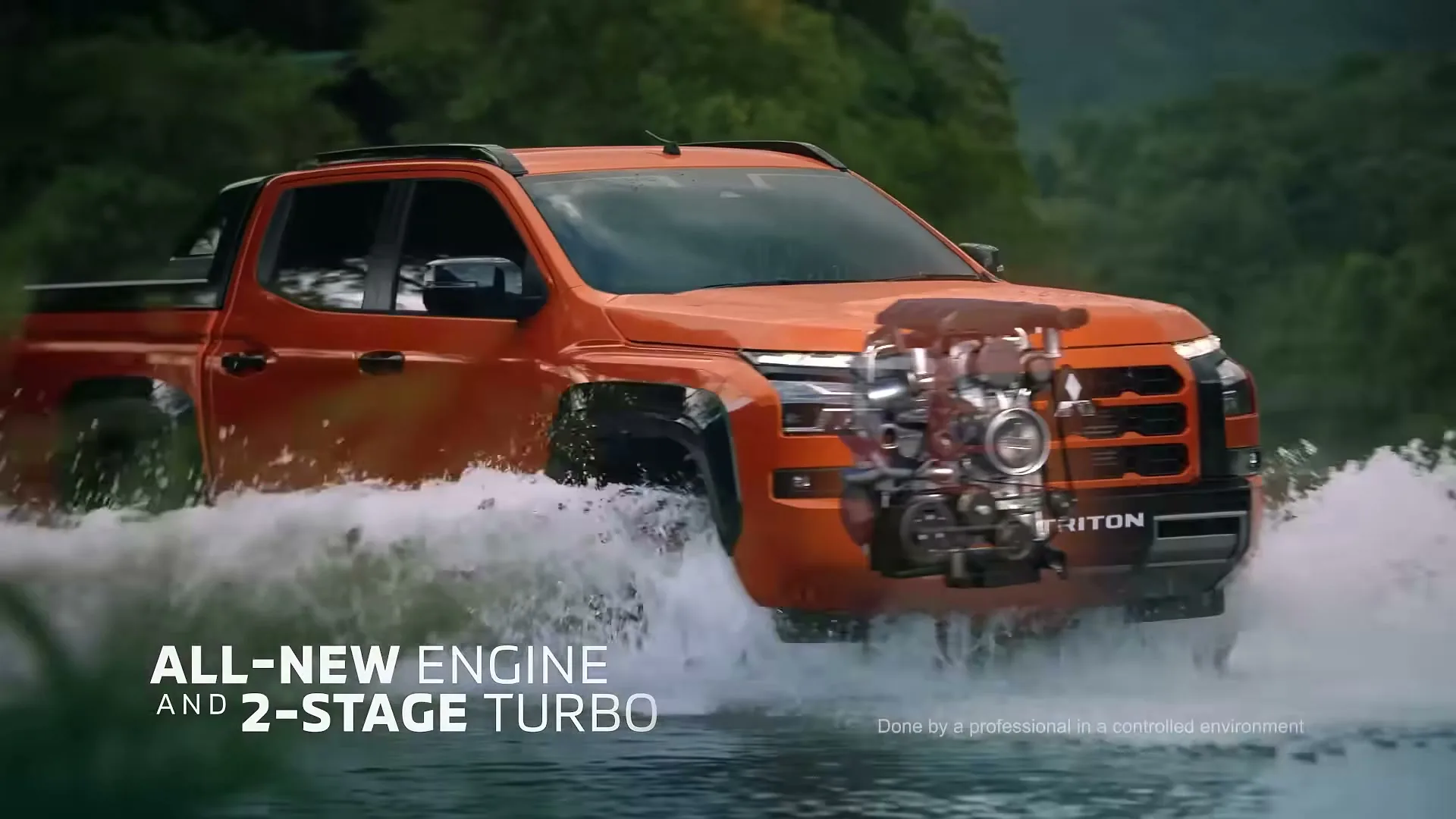 An orange Mitsubishi Triton pickup truck drives through water, with a cutaway revealing its engine, as text highlights its new engine and 2-stage turbo.
