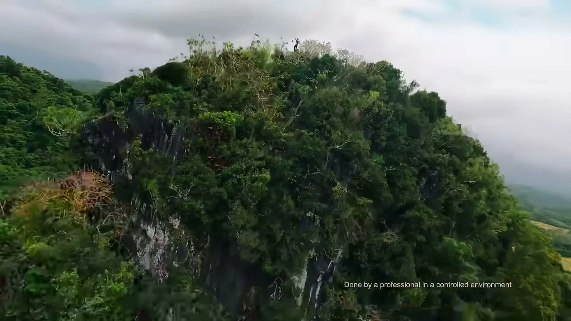 A lone figure stands triumphantly on a lush, green mountain peak under a cloudy sky, arms outstretched in victory.