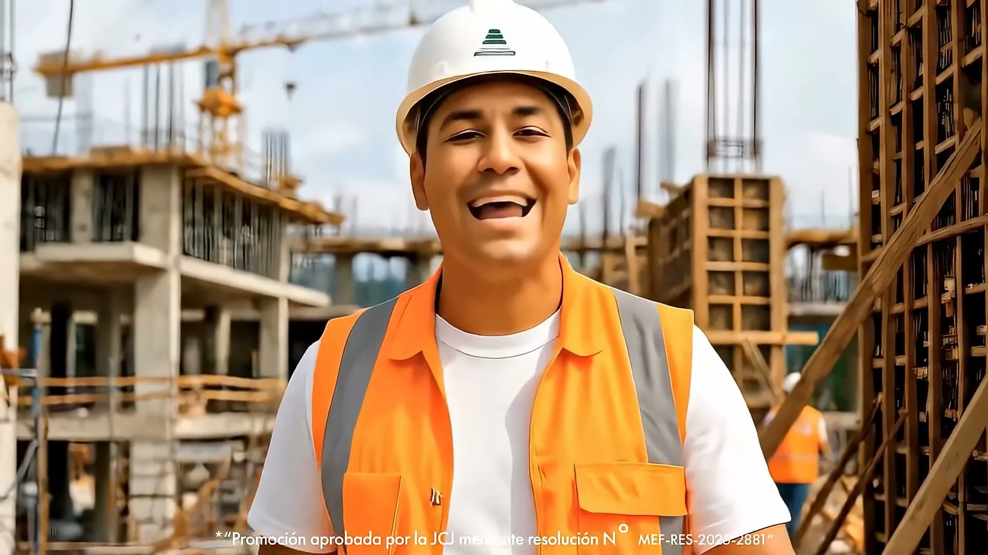 A male construction worker in a hard hat and safety vest smiles at the camera, with two bags of cement appearing in front of him at a construction site.