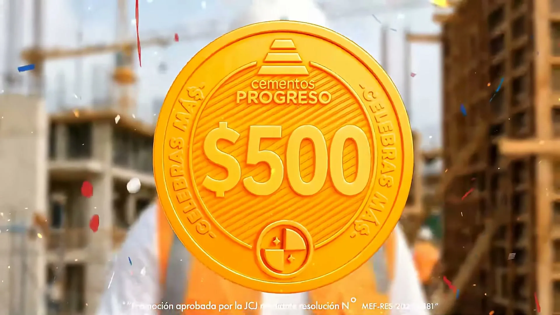 A large golden coin with "$500" and "Cementos Progreso" on it, spins in front of a blurred construction site with confetti falling.