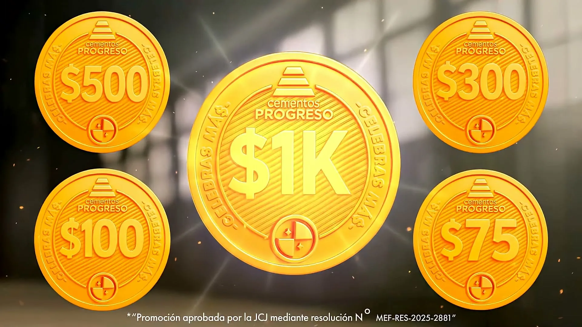 Five golden coins with different dollar amounts and the "Cementos Progreso" logo are displayed against a blurred background with sparkling particles.
