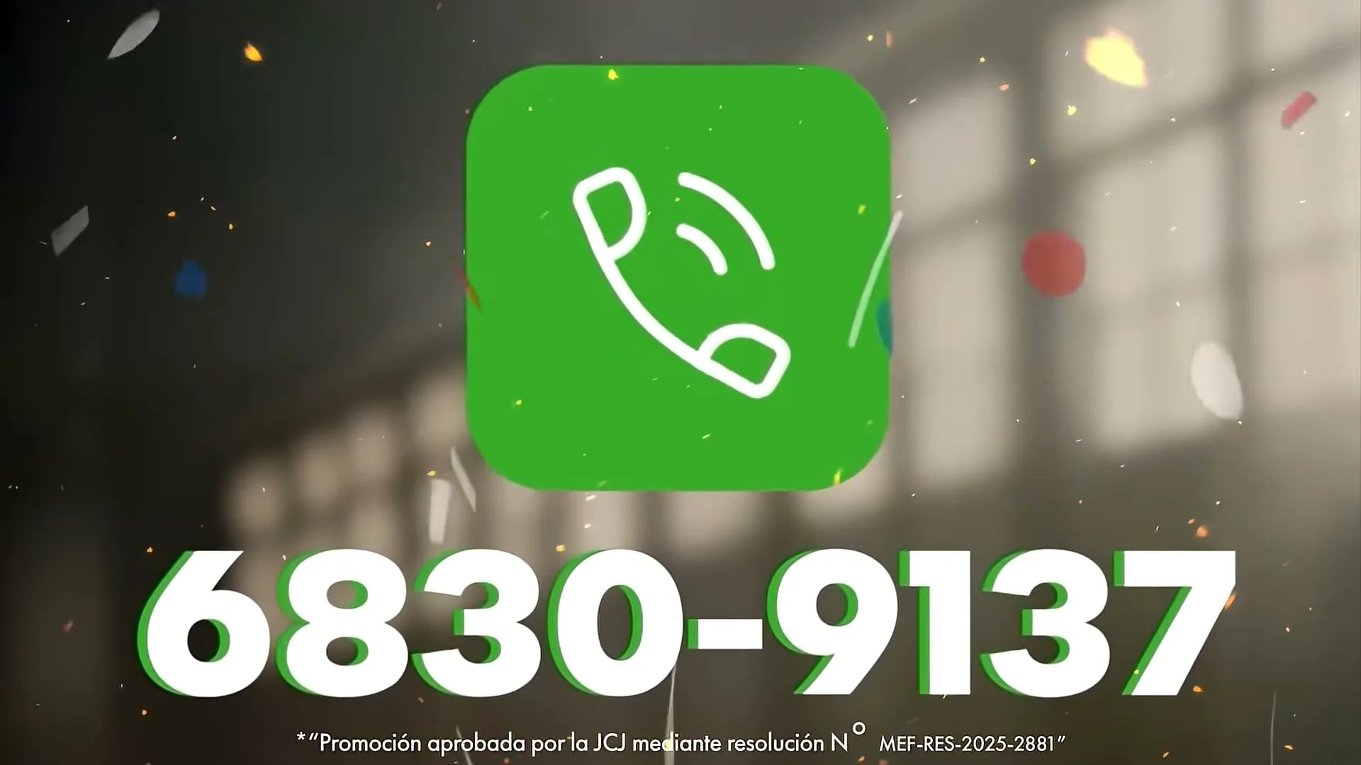 A green phone icon and a phone number appear on screen, surrounded by falling confetti and coins, with Cementos Progreso products in the background.