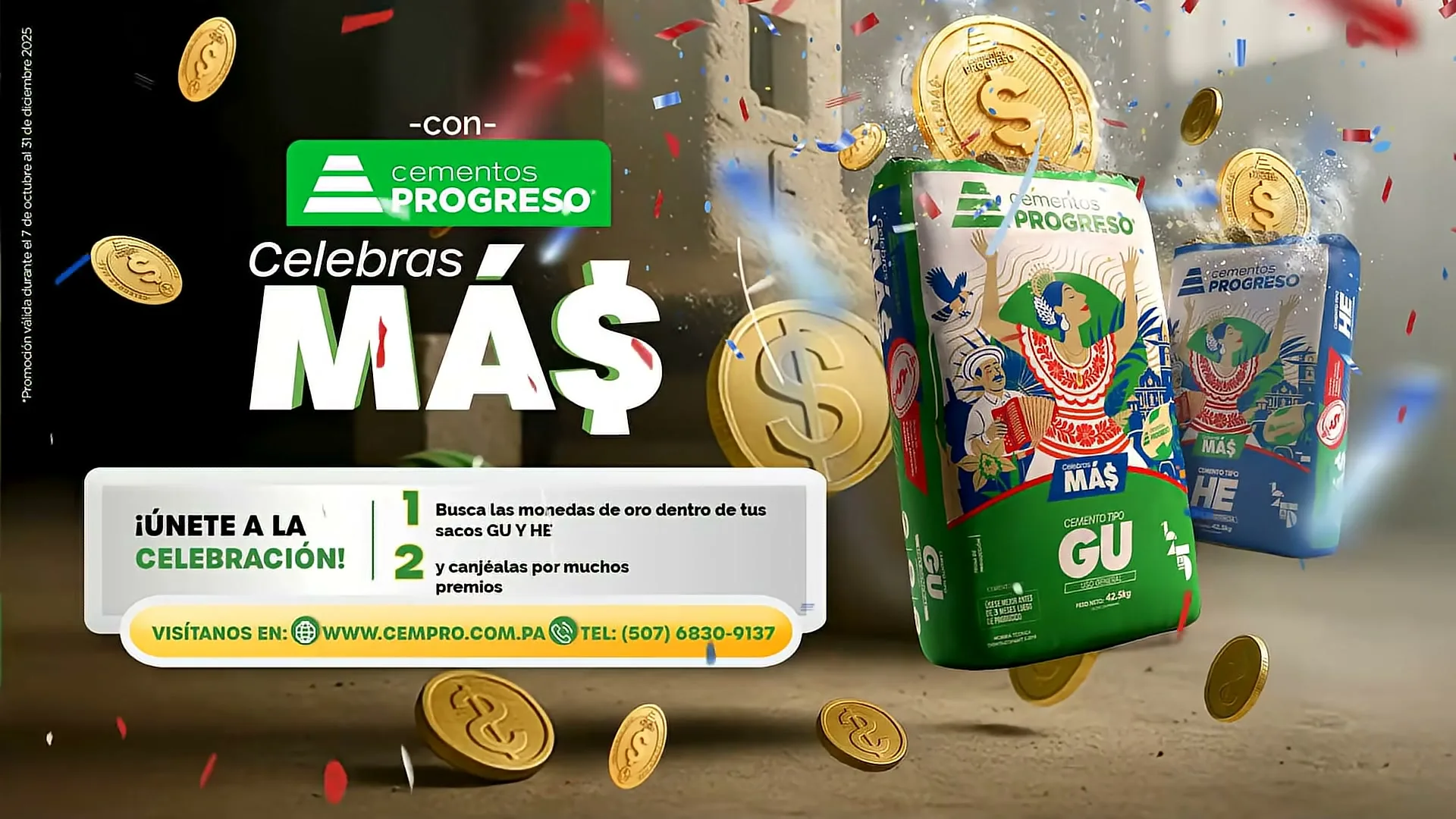 A promotional graphic for Cementos Progreso shows bags of cement, gold coins, and confetti falling, with text about a celebration and contact information.
