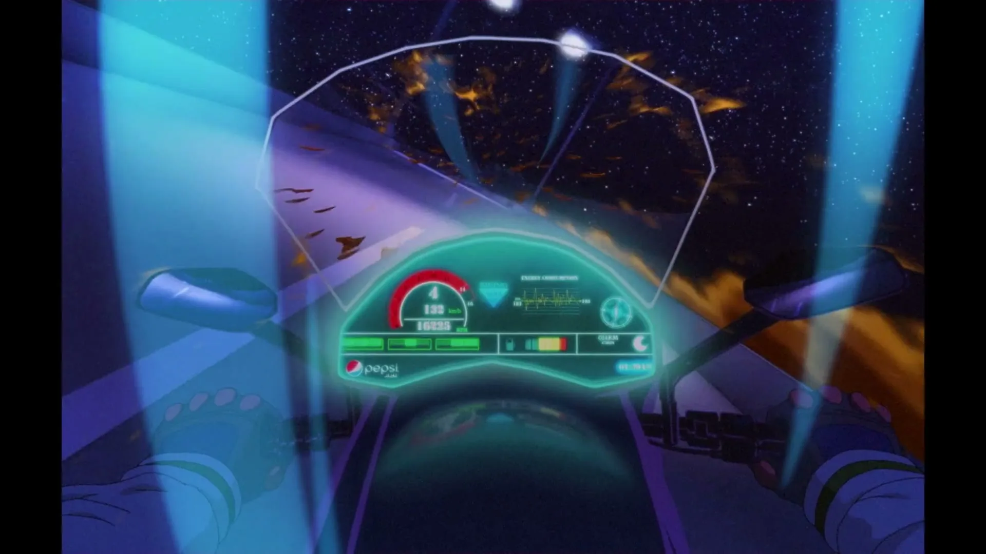 A person's hands are on the handlebars of a futuristic vehicle, speeding through a cosmic landscape with glowing elements and a digital dashboard.