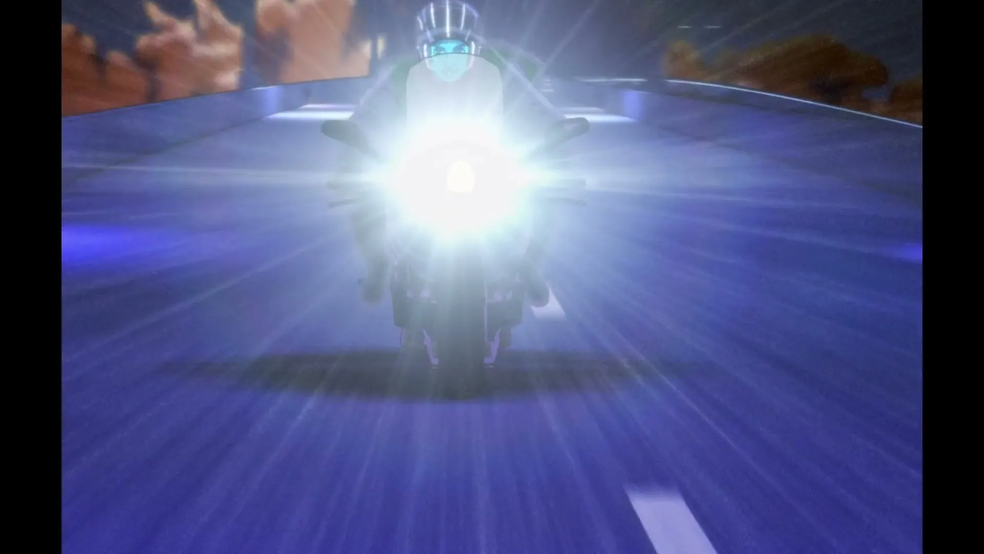 An animated male character with glowing blue eyes and a smirk looks down, surrounded by brown liquid splashes, as a motorcycle with bright headlights speeds towards the viewer on a blue road, and a Pepsi Black can stands next to a neon "BLACK" sign.