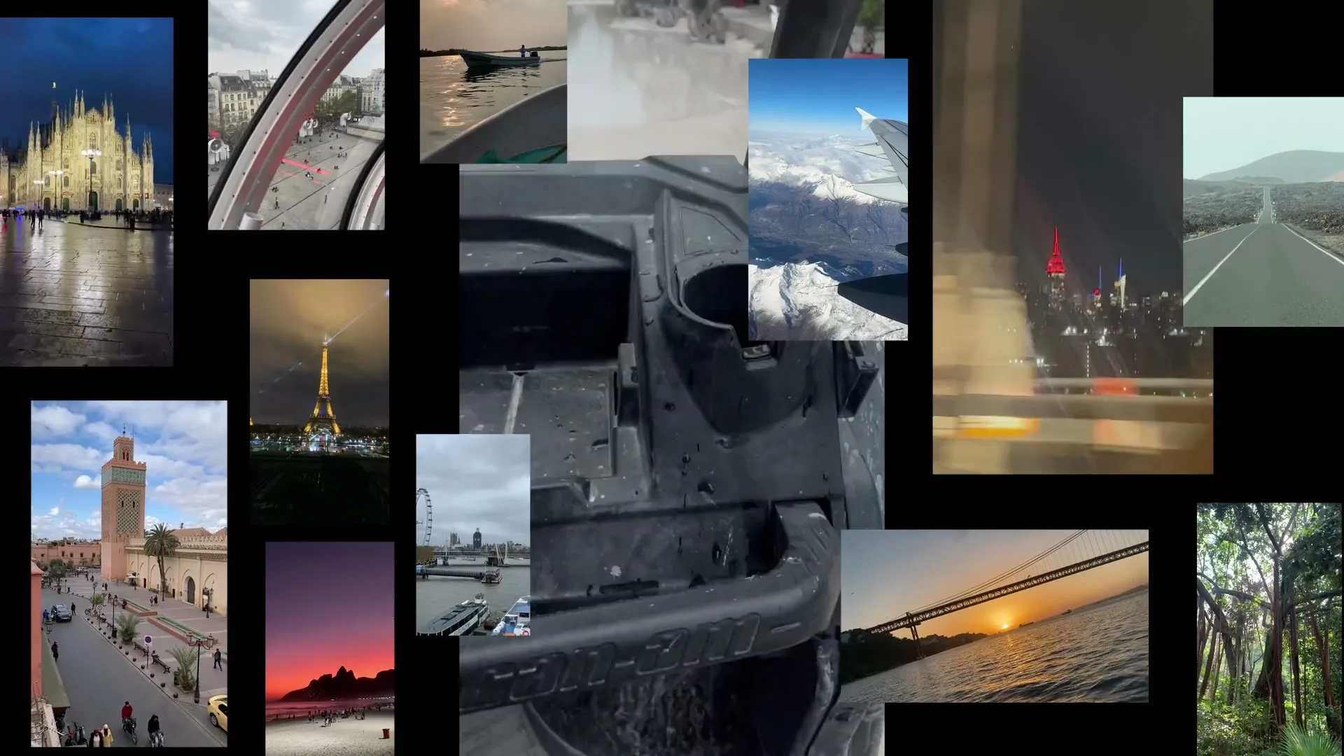 A collage of various travel photos and videos, including a person's bare feet walking on a sandy path, a city street, and an airplane wing over mountains.
