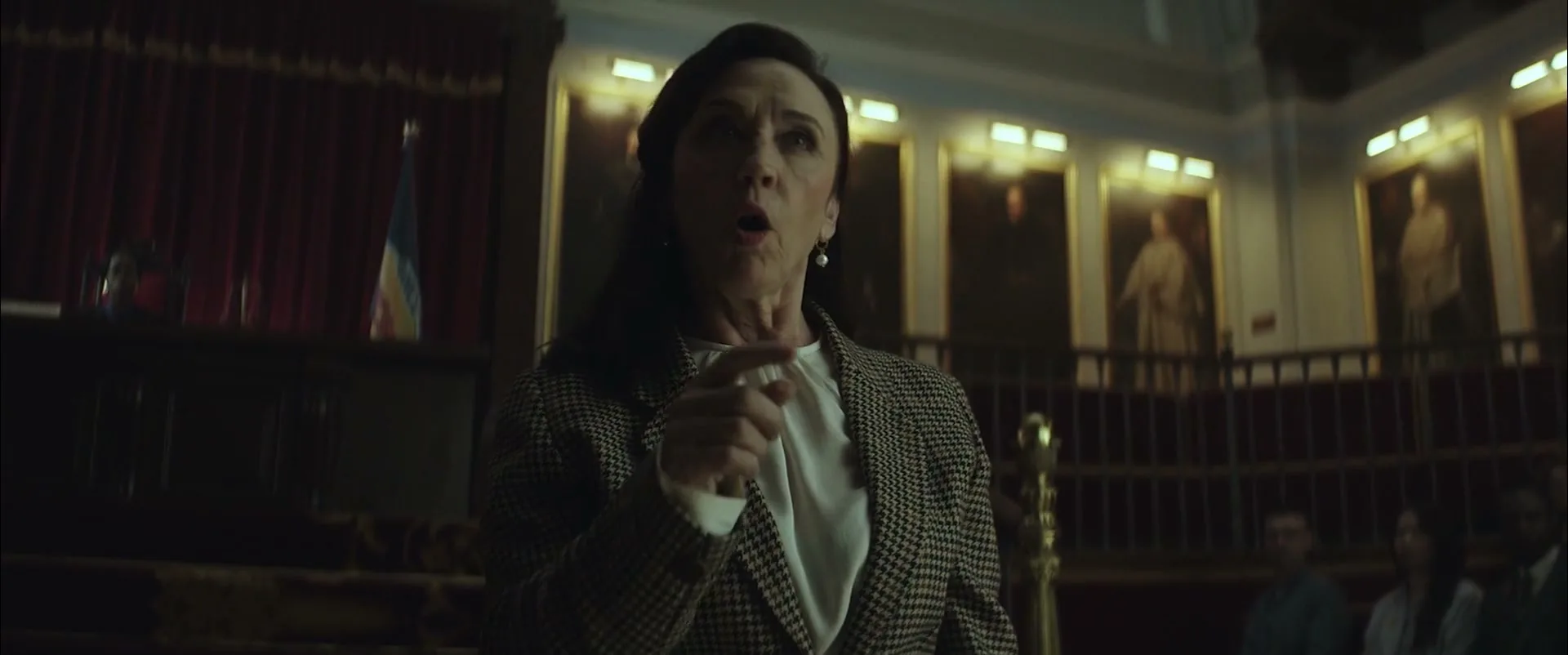 A female lawyer in her 50s, dressed in a houndstooth blazer, passionately argues in a dimly lit courtroom, gesturing with her hands.