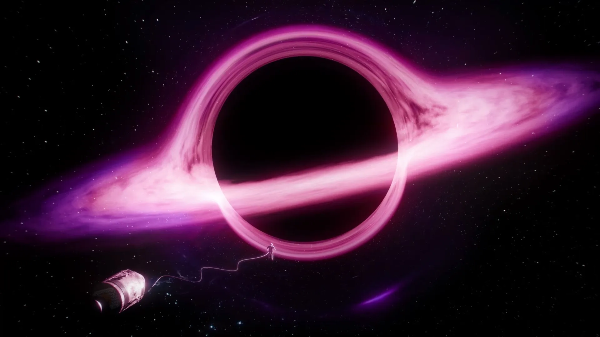 An astronaut floats near a spaceship, tethered to it, with a large, glowing pink and purple black hole in the background, in deep space.