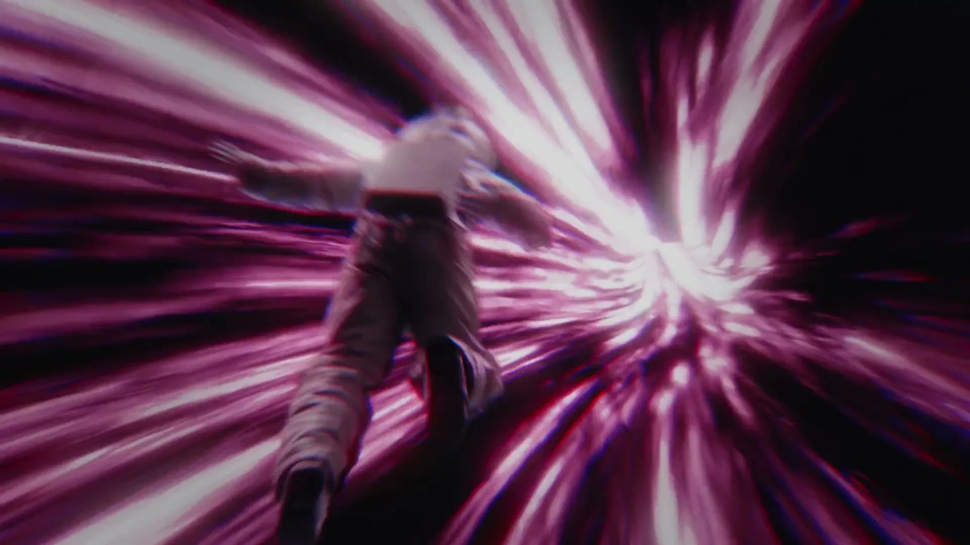 An astronaut in a white spacesuit floats through a purple and white wormhole, with light streaks indicating rapid movement through space.