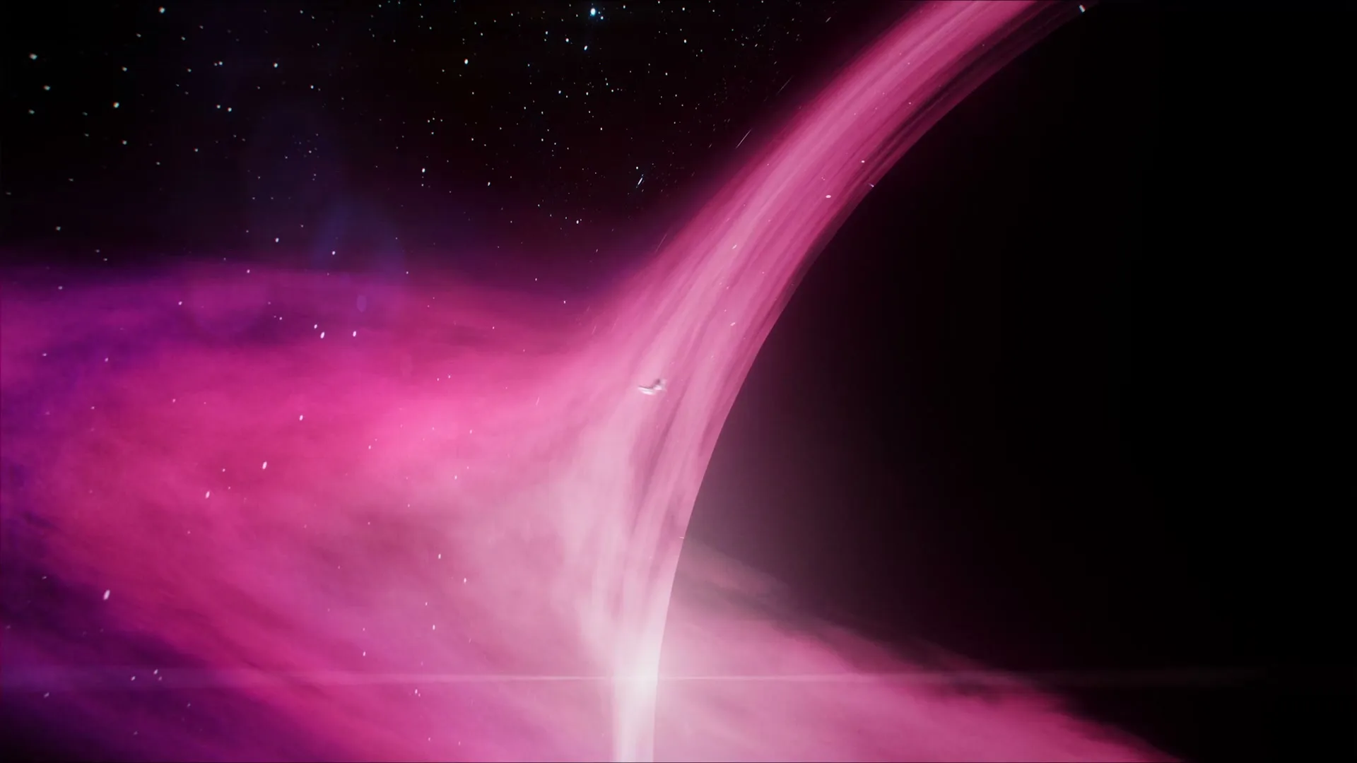 A small white spaceship flies past a massive pink and purple nebula, with a black hole on the right side of the frame, in deep space.