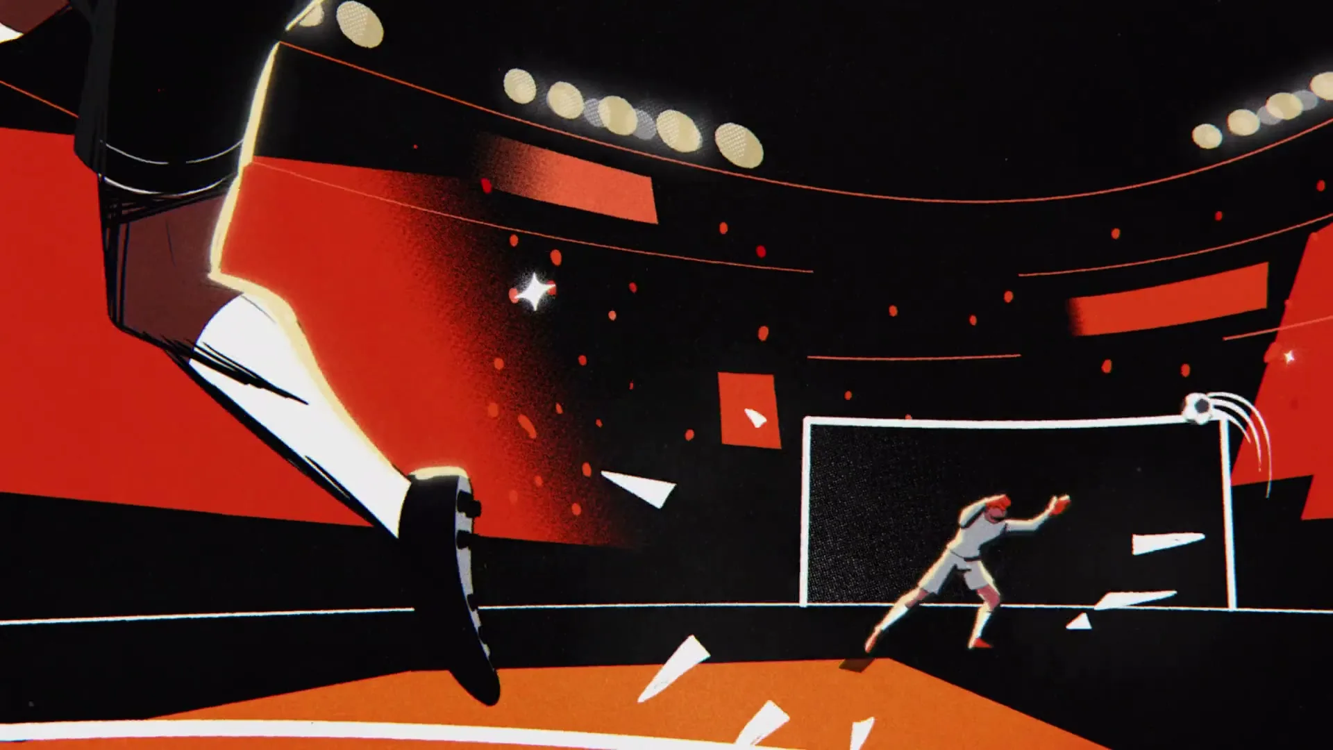 A soccer player in black shorts and white socks kicks a soccer ball towards a goal, with a goalie diving to block it in a stylized stadium.