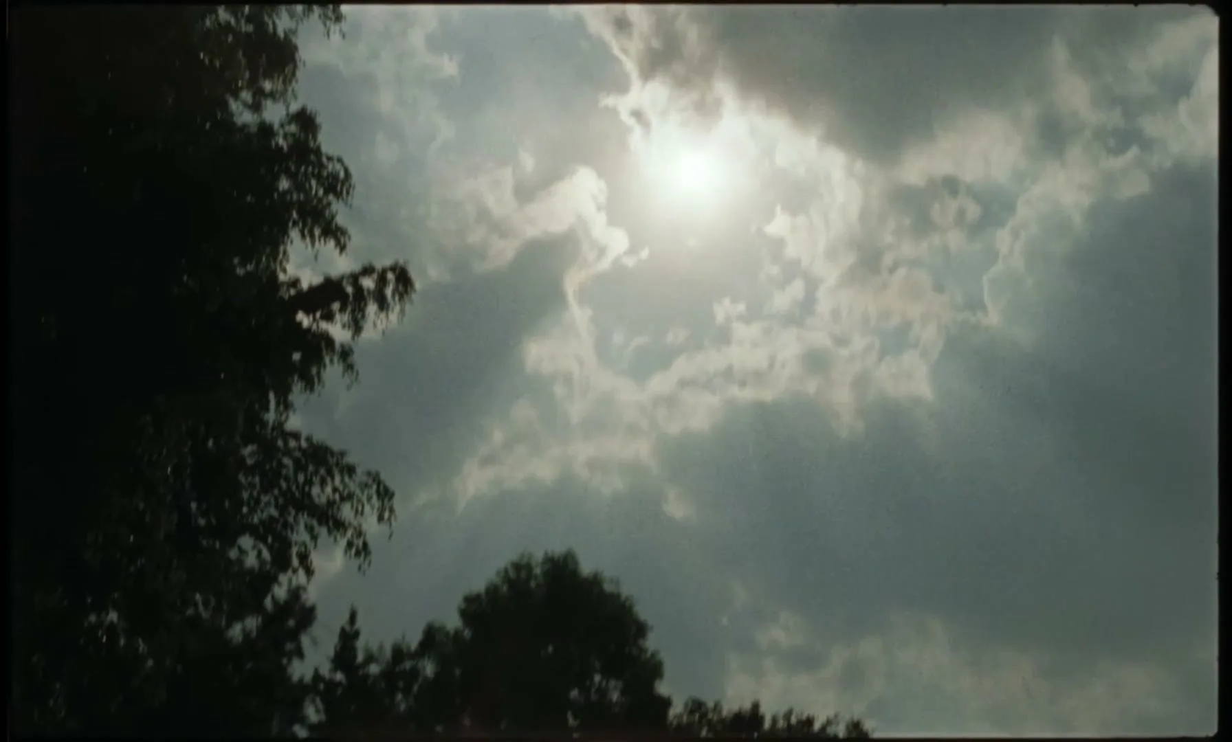 The sun shines brightly through a cloudy sky, with dark tree silhouettes in the foreground, creating a dramatic contrast.