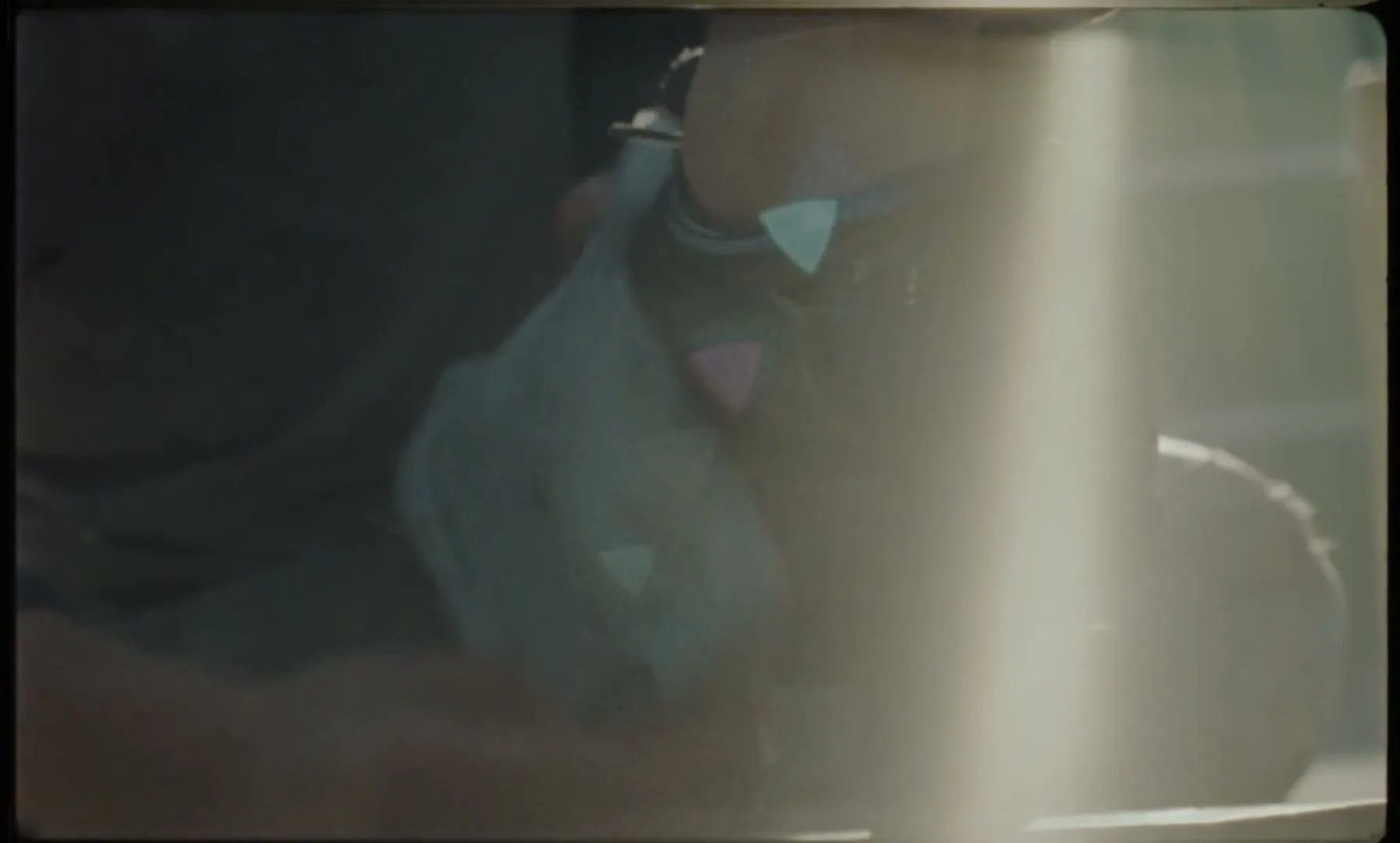 A person's arm and shoulder are visible, wearing a dark shirt, with a bright vertical light flare obscuring part of the frame.