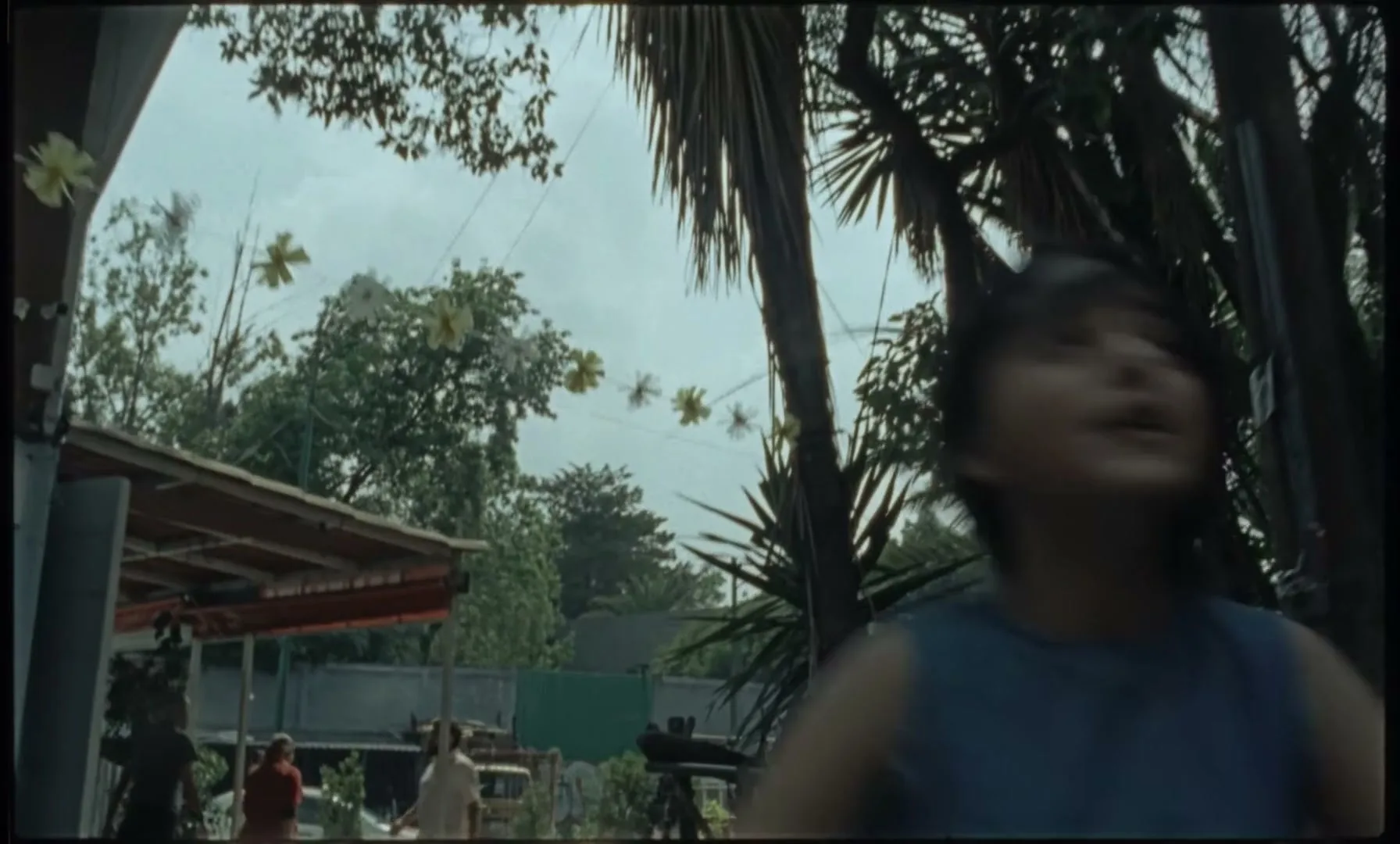 A young girl in a blue dress looks up at decorative flowers strung across an outdoor area, then quickly runs out of frame.