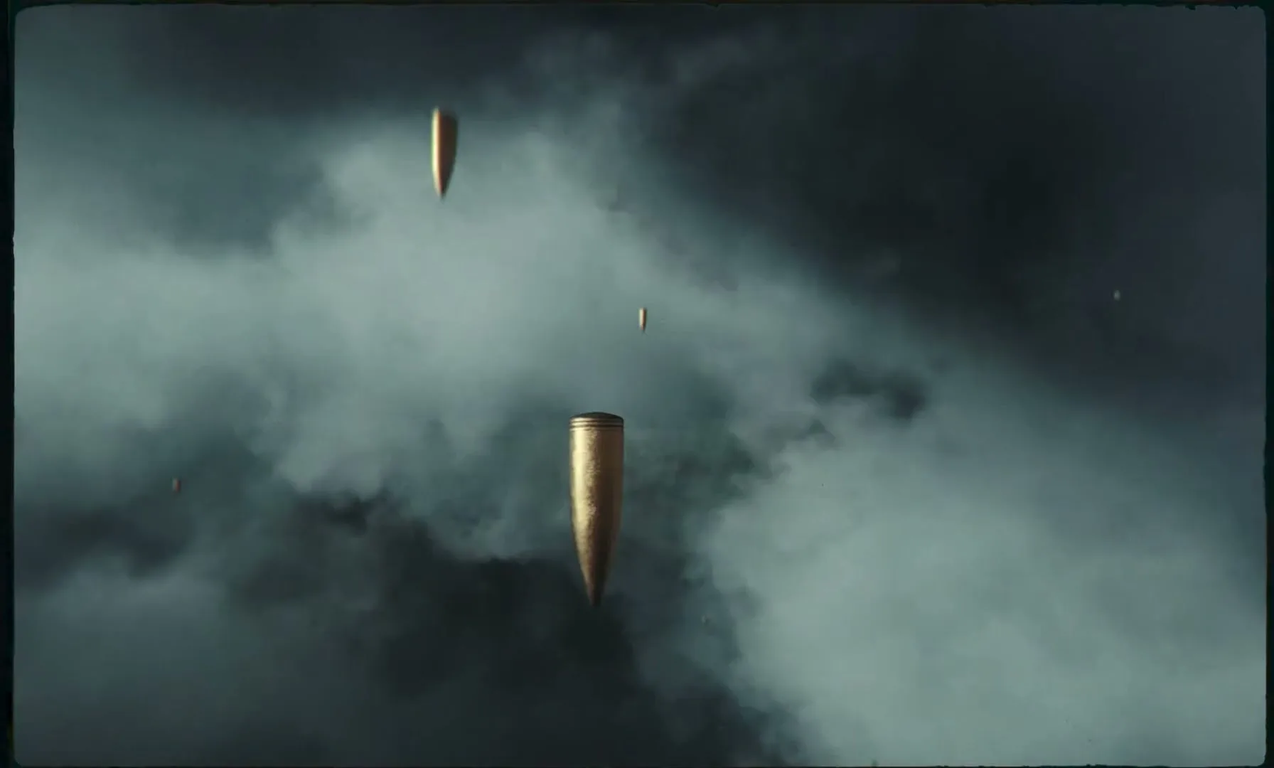 Bullets fall from a cloudy sky, resembling rain, against a dark and ominous backdrop, symbolizing conflict and danger.
