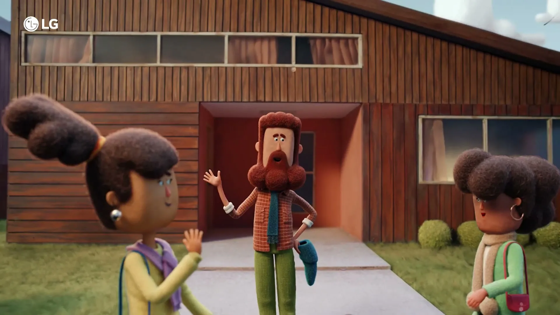A stop-motion animated man with a large beard waves goodbye to two women and two dogs as they walk down a suburban street.