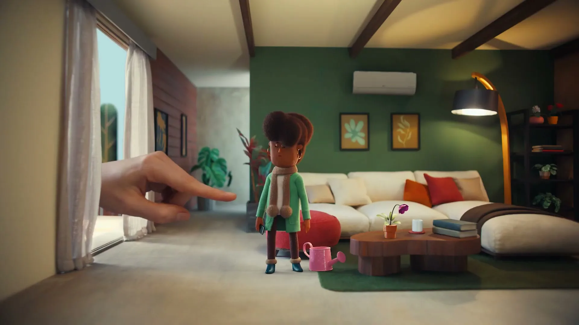A giant human hand points at a small animated woman in a green sweater, who then looks up and smiles, holding a phone in a miniature living room.