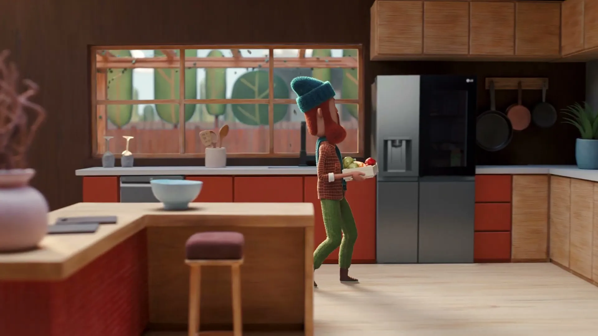 A stylized male character with a beard and blue beanie walks through a modern kitchen carrying a basket of fruit towards a black LG refrigerator.