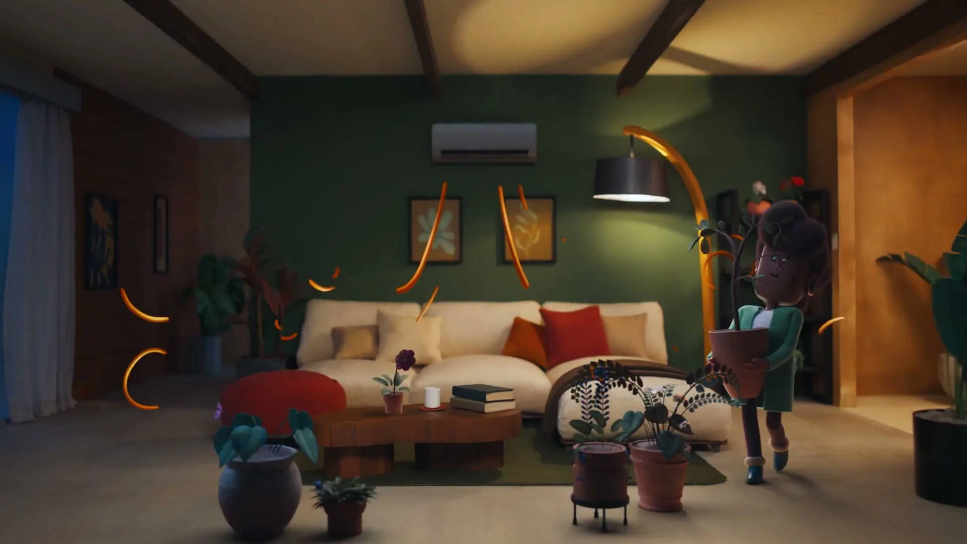An animated woman with an afro carries a potted plant across a cozy living room, as orange glowing lines float around her.