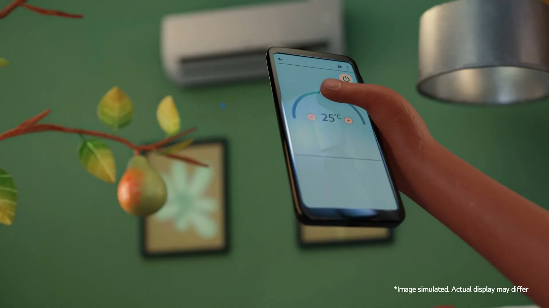 A stylized hand holds a smartphone, adjusting the temperature on a smart home app, with an air conditioner and a decorative branch in the background.