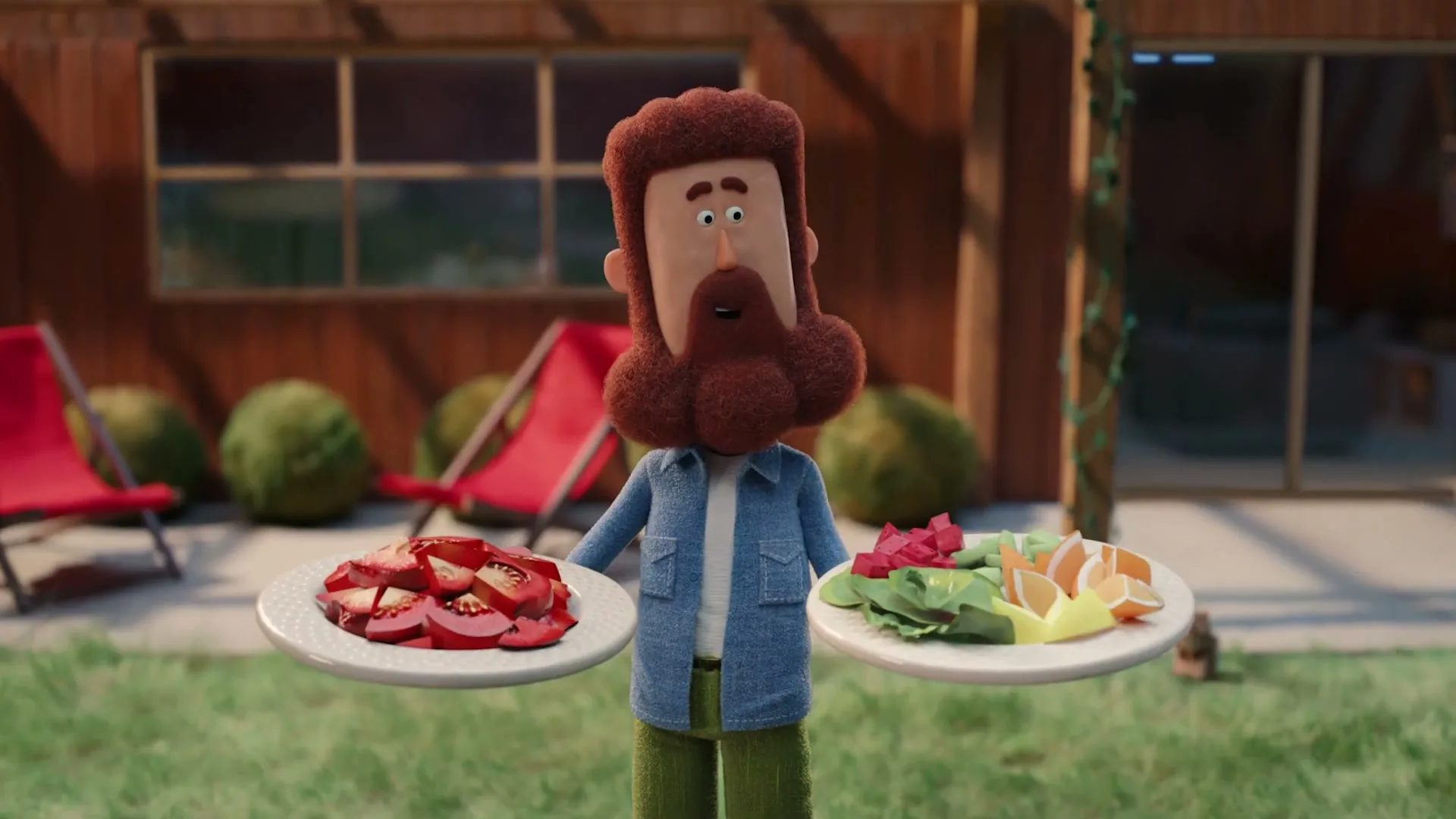 A cartoon man with a large beard and denim shirt holds two plates of fresh vegetables and fruit in a backyard.