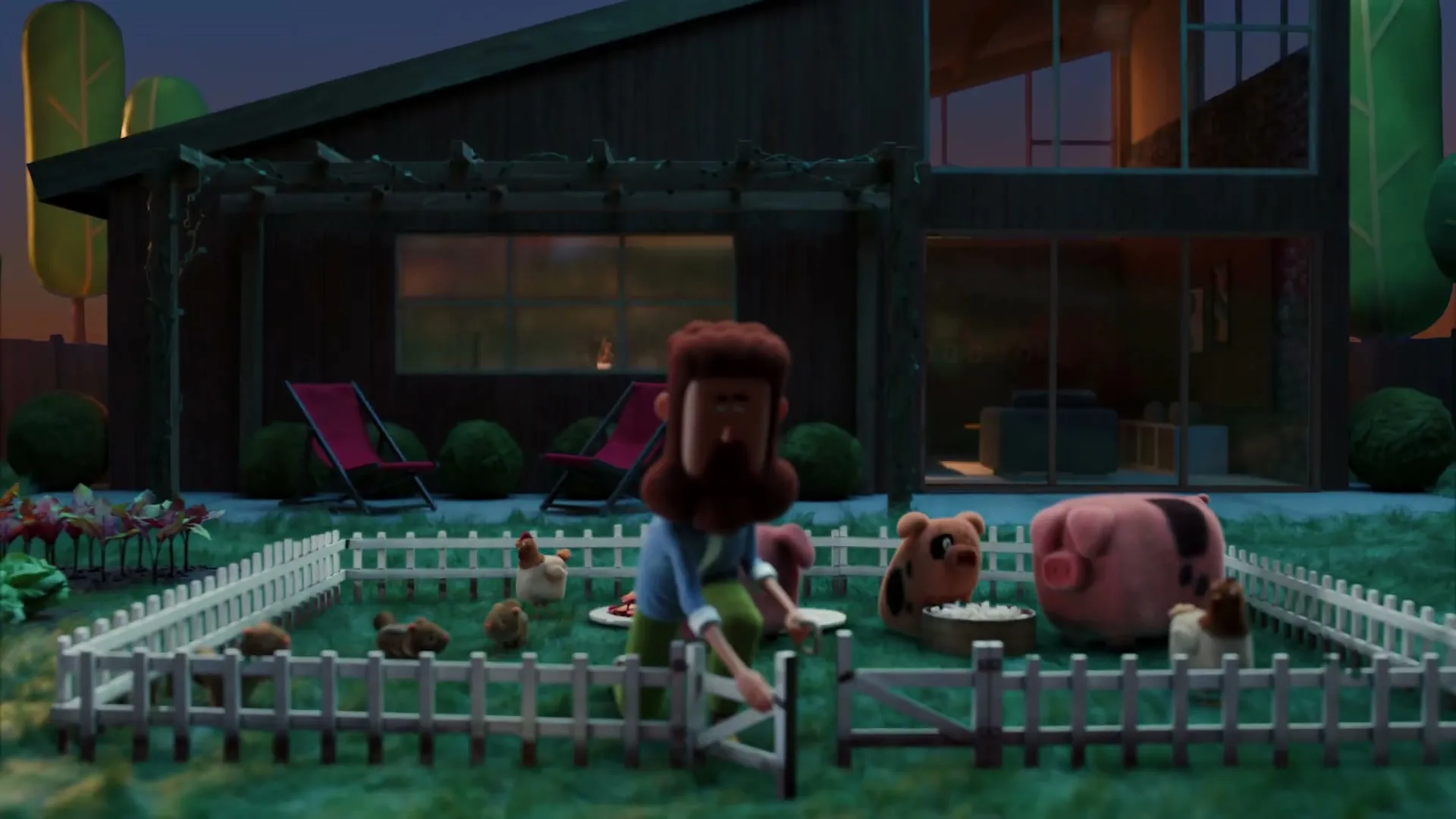 A cartoon man with a beard opens a white picket fence gate in a backyard with chickens, a pig, and a modern house at dusk.