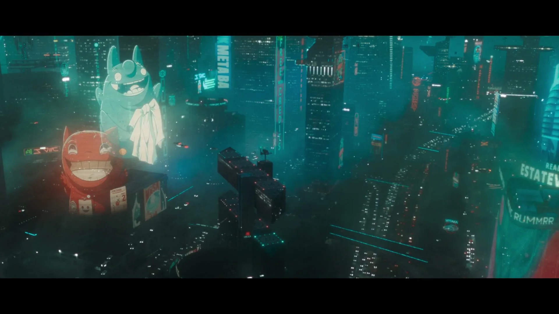 A wide shot of a futuristic city at night, with towering skyscrapers, flying vehicles, and large holographic advertisements illuminating the dark sky.