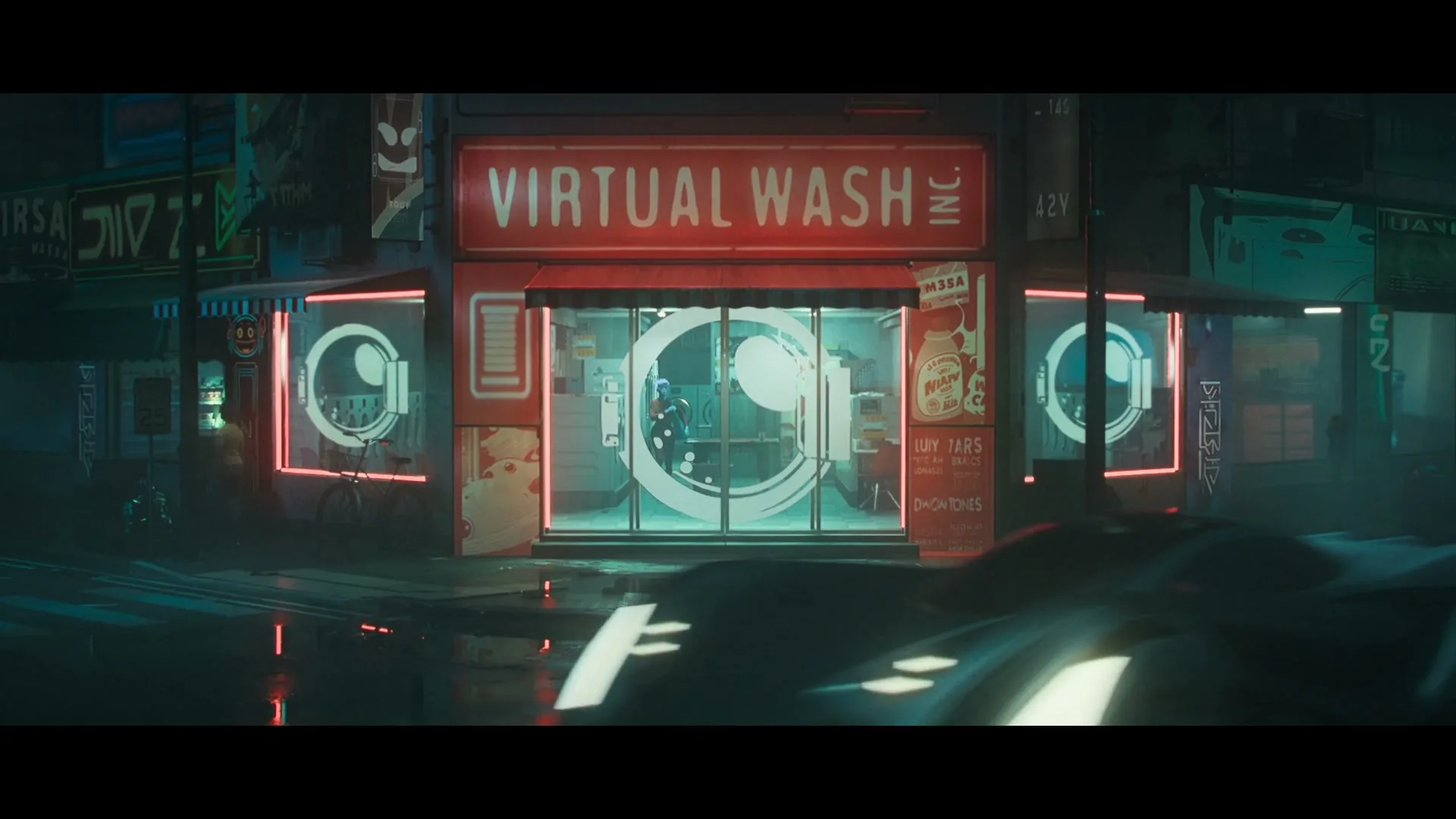 A futuristic laundromat called "Virtual Wash Inc." glows with neon lights on a rainy city street at night, with a car passing by.