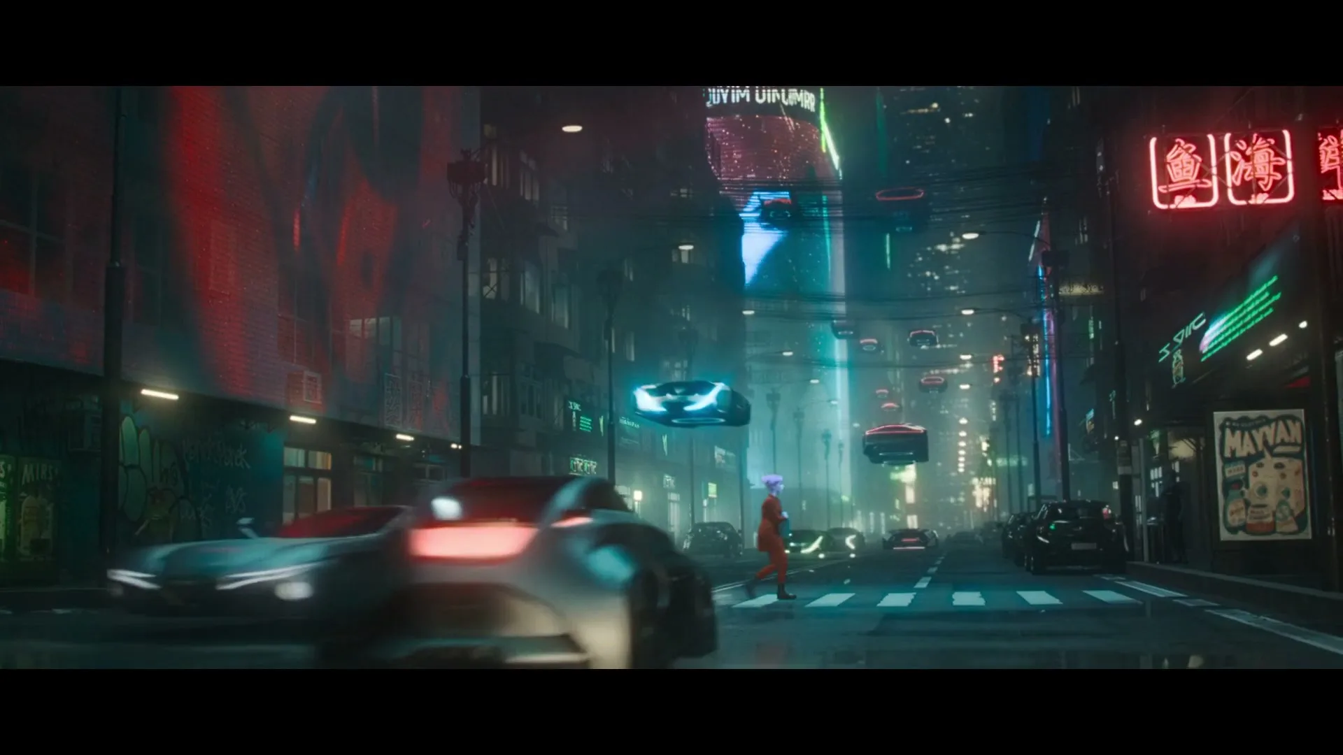 A female avatar with purple hair and a red jumpsuit crosses a futuristic city street at night, with flying cars and neon signs.