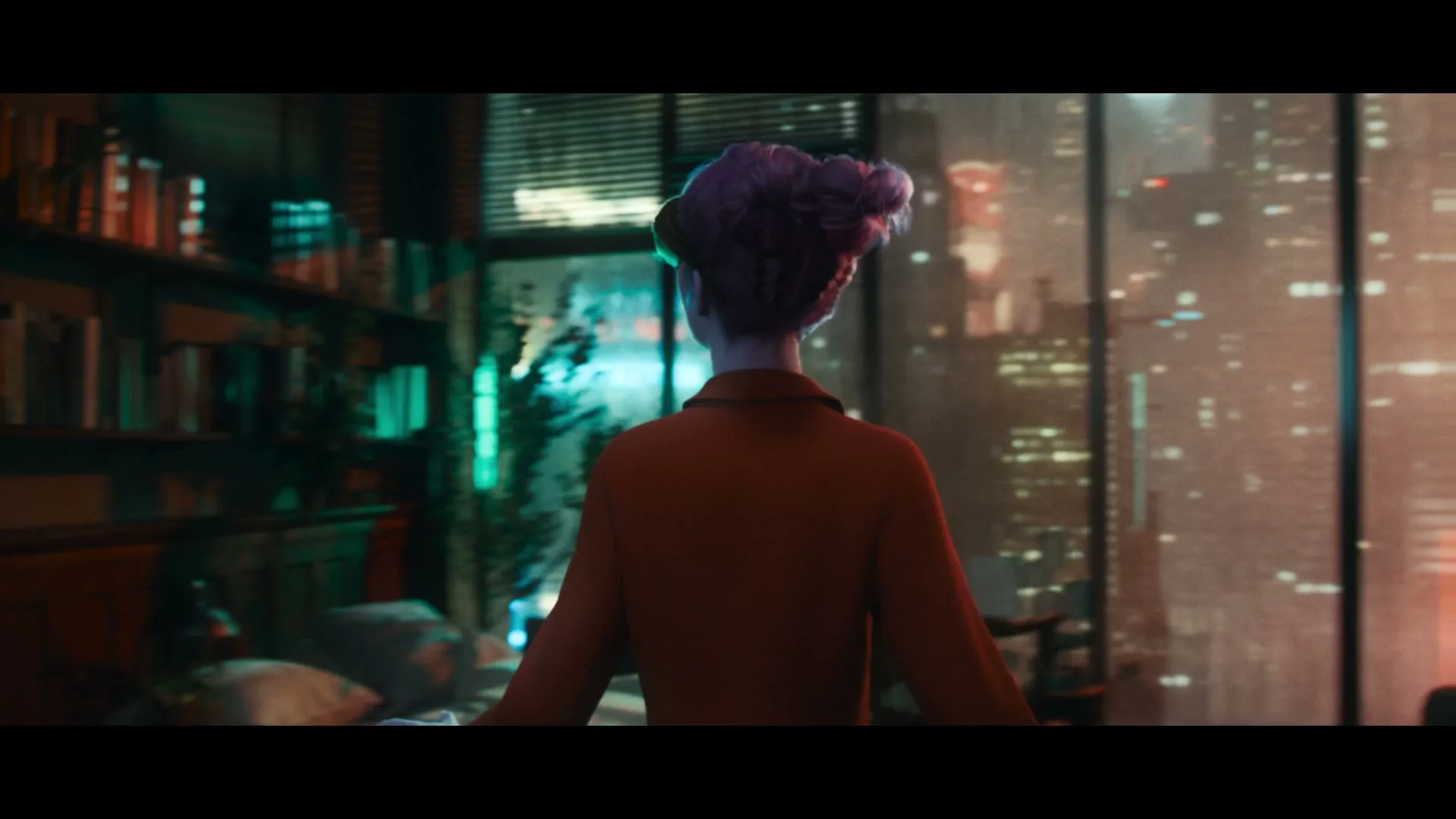 A woman with purple hair and an orange jacket wears a VR headset, looking up and then turning to her right, in a futuristic apartment with a city view at night.