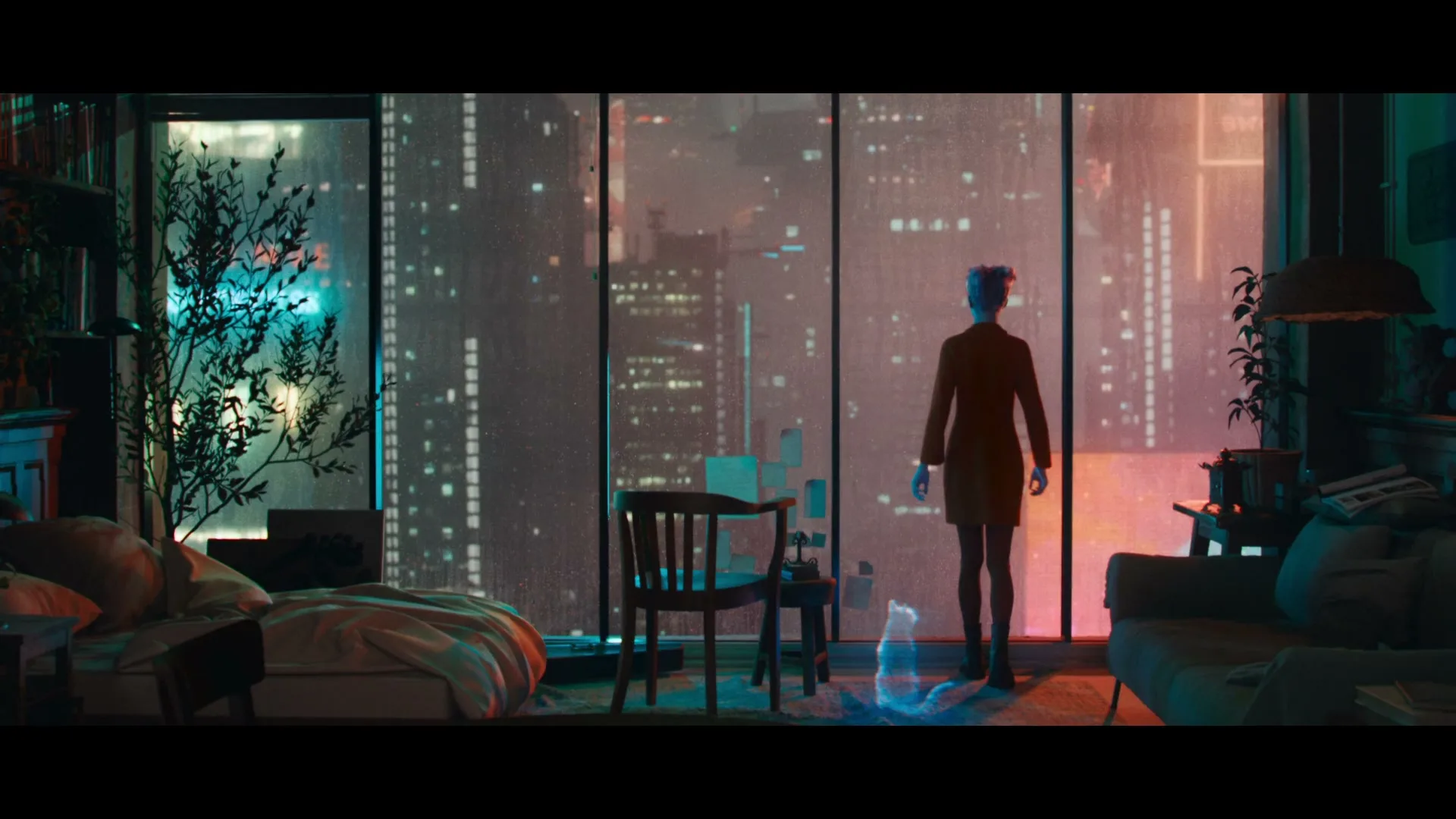 A woman with blue hair in a red dress stands in a futuristic apartment, looking out at a neon-lit cityscape at night.