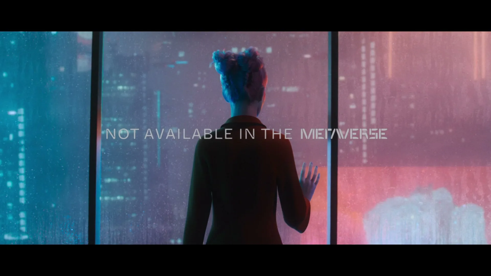 A woman with blue hair stands with her back to the camera, looking out a window at a futuristic city at night, with text overlaid.