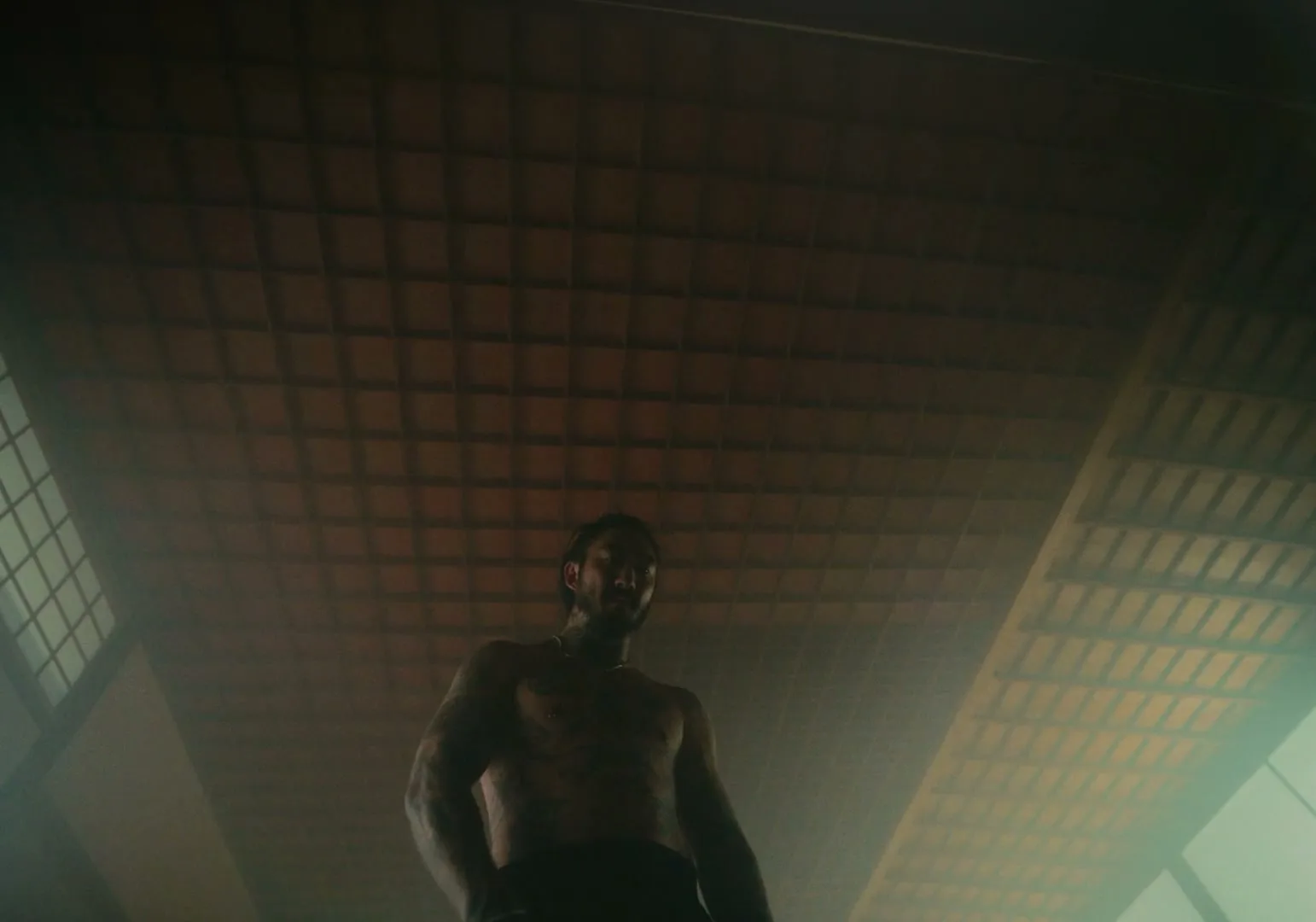 A muscular, tattooed man with a beard stands shirtless, looking down at the camera in a dimly lit, atmospheric room with a patterned ceiling.