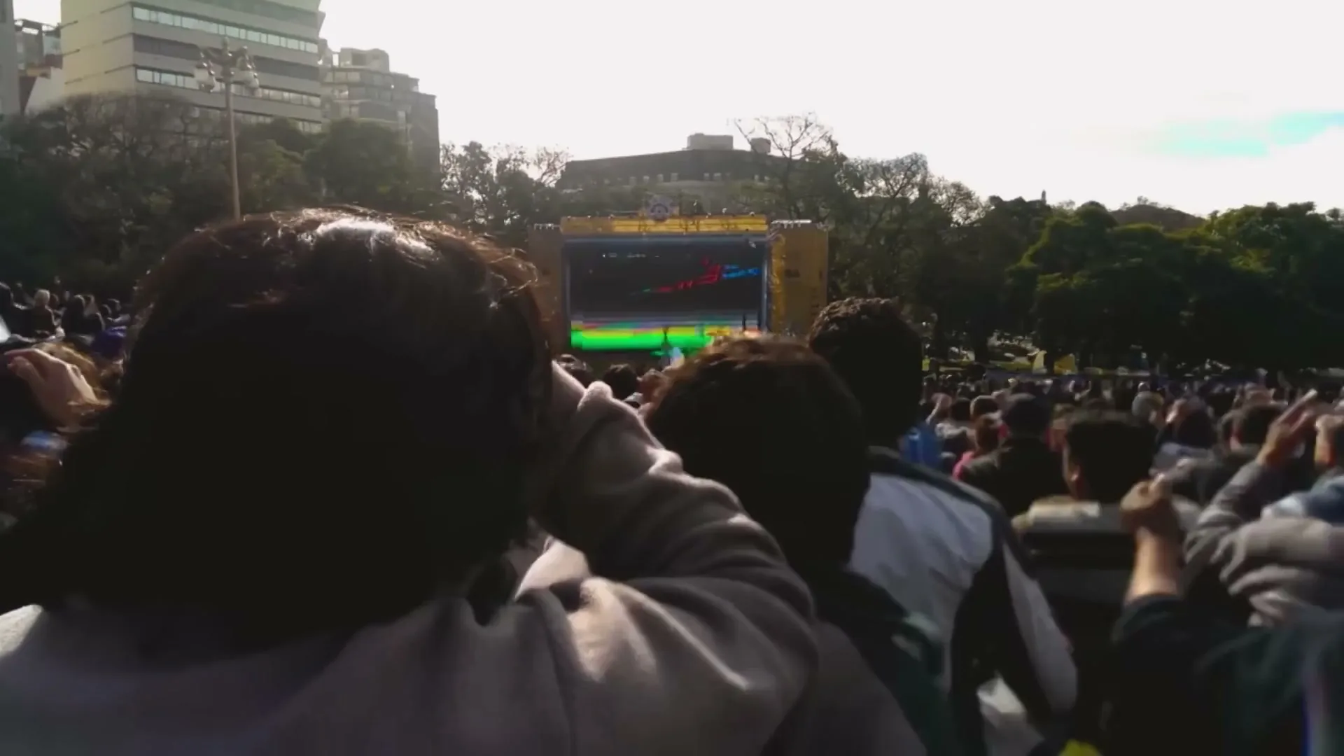 A large crowd of people, seen from behind, watch a soccer game on a big screen in an outdoor public park during the day.