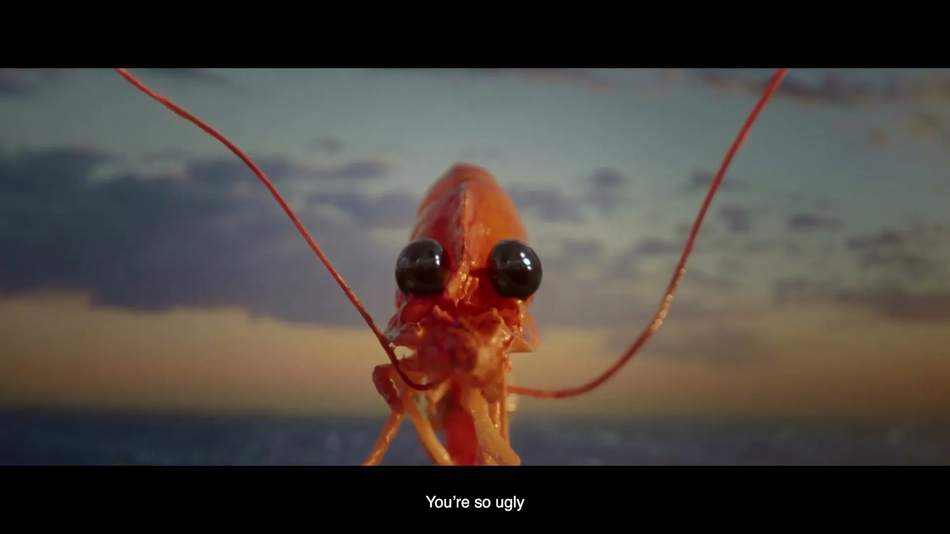A cooked shrimp with large, cartoonish eyes looks directly at the camera against a sunset sky over the ocean.