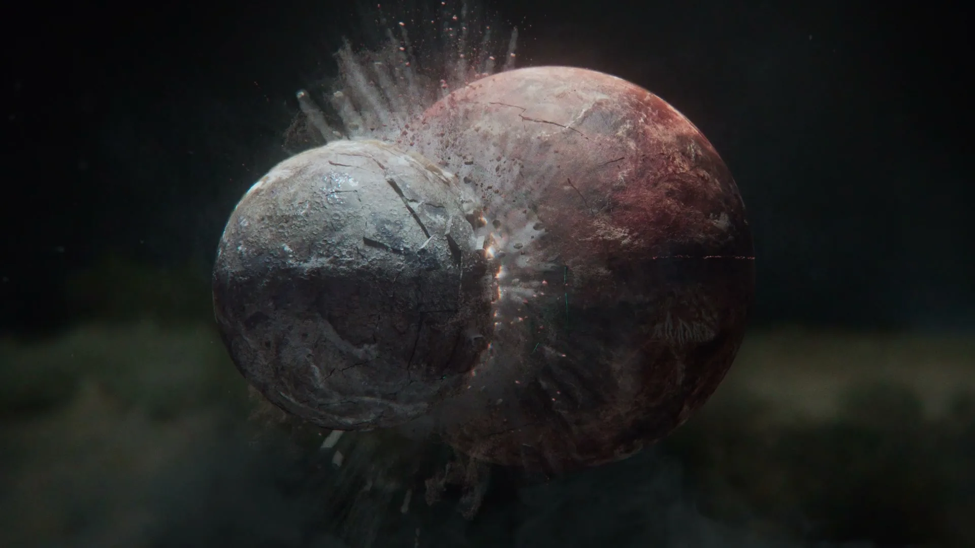 Two celestial bodies, one large and red, the other smaller and grey, collide in a dark, smoky void, creating a shower of debris.