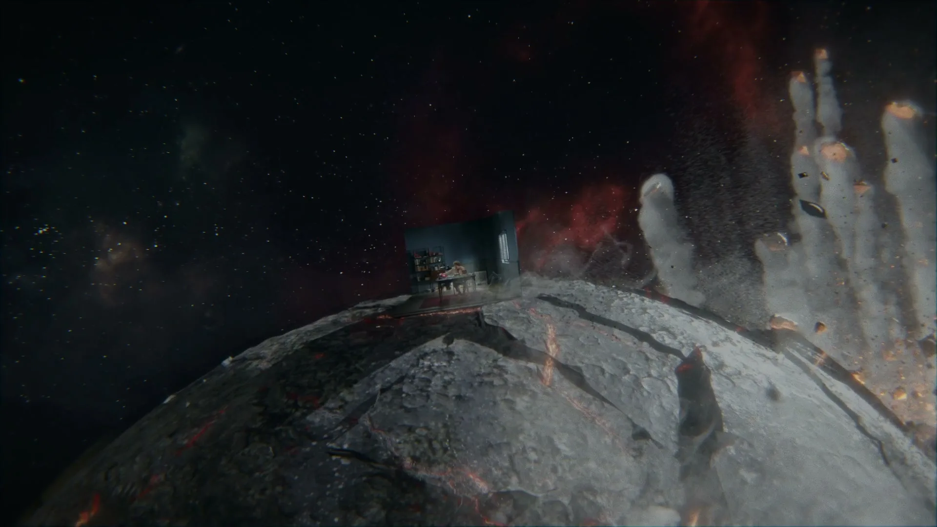 A small room sits on a cracked, barren planet as a giant hand emerges from the right, with a nebula and stars in the background.