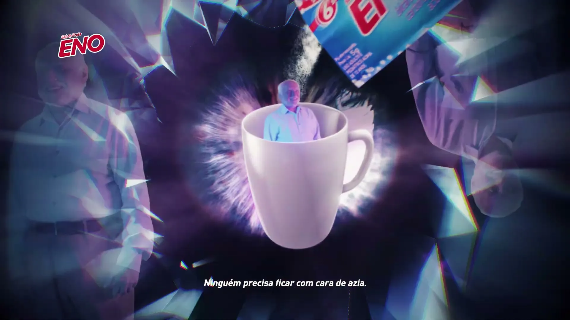 A man in a blue shirt sits in a white mug as Eno powder is poured over him, surrounded by abstract purple and blue shapes.