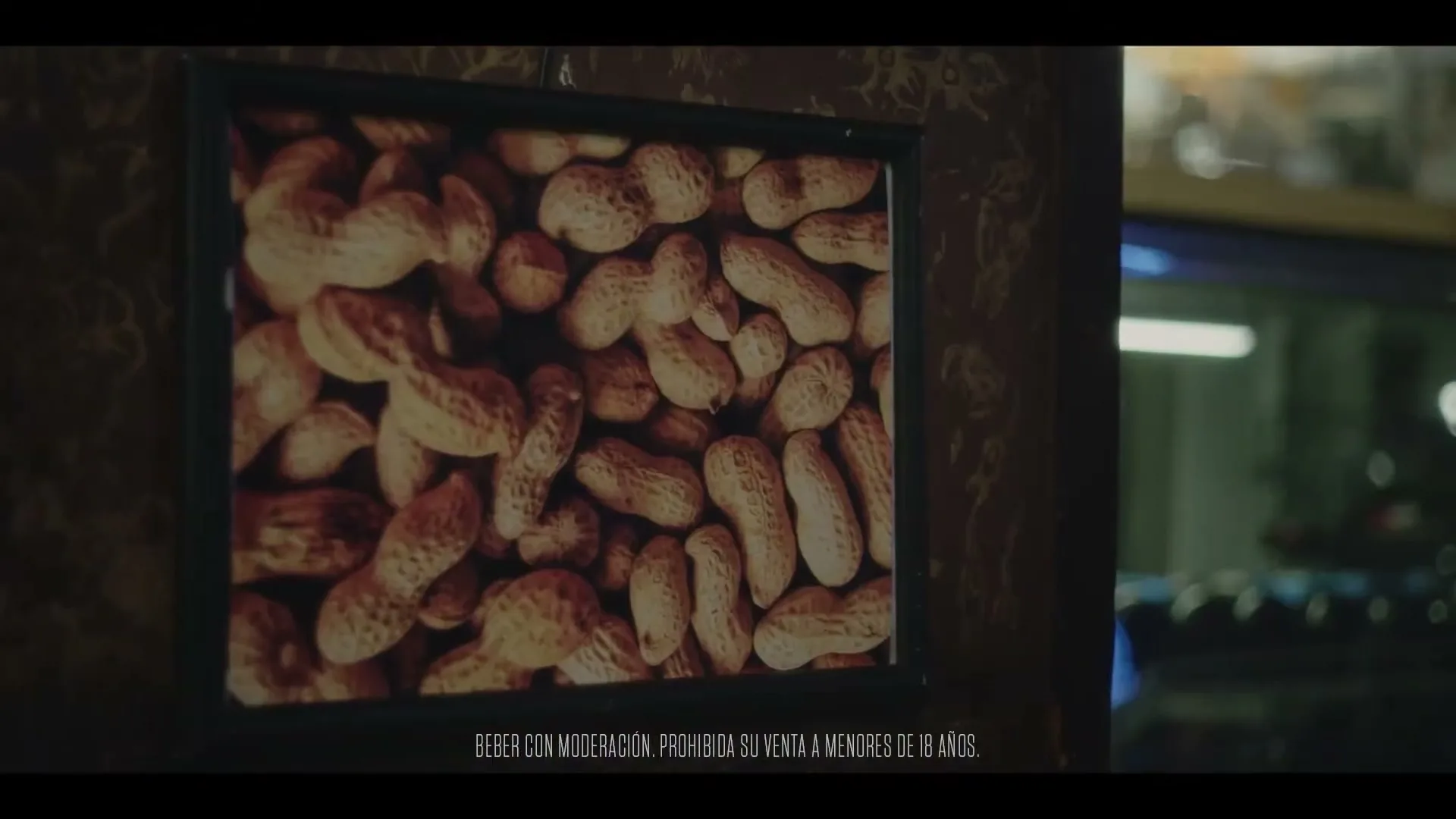A framed picture of peanuts hangs on a patterned wall in a dimly lit bar, with a legal disclaimer visible at the bottom of the screen.